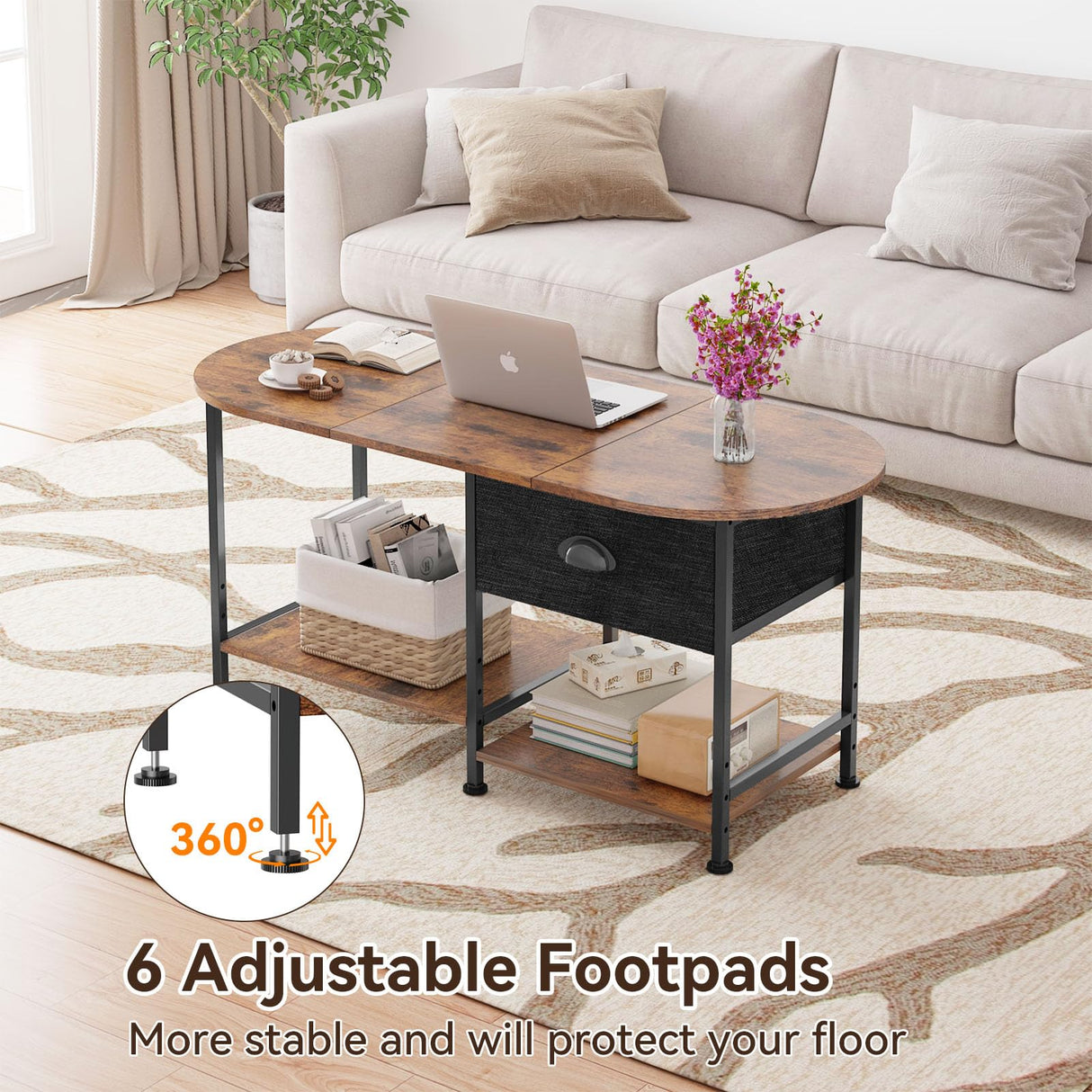 37" Oval Small Coffee Table with Storage,Modern Wood Living Room Center Table for Small Space,Apartment,Home Office,Drawer & Open Shelves,Easy Assembly,Rustic Brown Kratonix