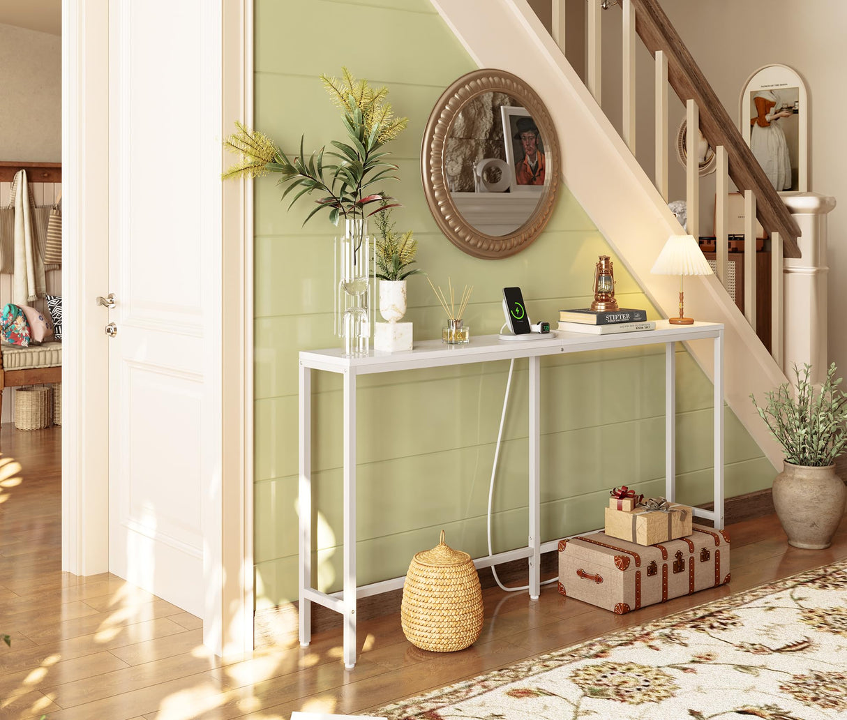 SUPERJARE Console Table with Outlet, 63 Inch Sofa Table with Charging Station, Narrow Entryway Table, Skinny Hallway Table, Behind Couch Table, for Living Room, Plants, White SUPERJARE