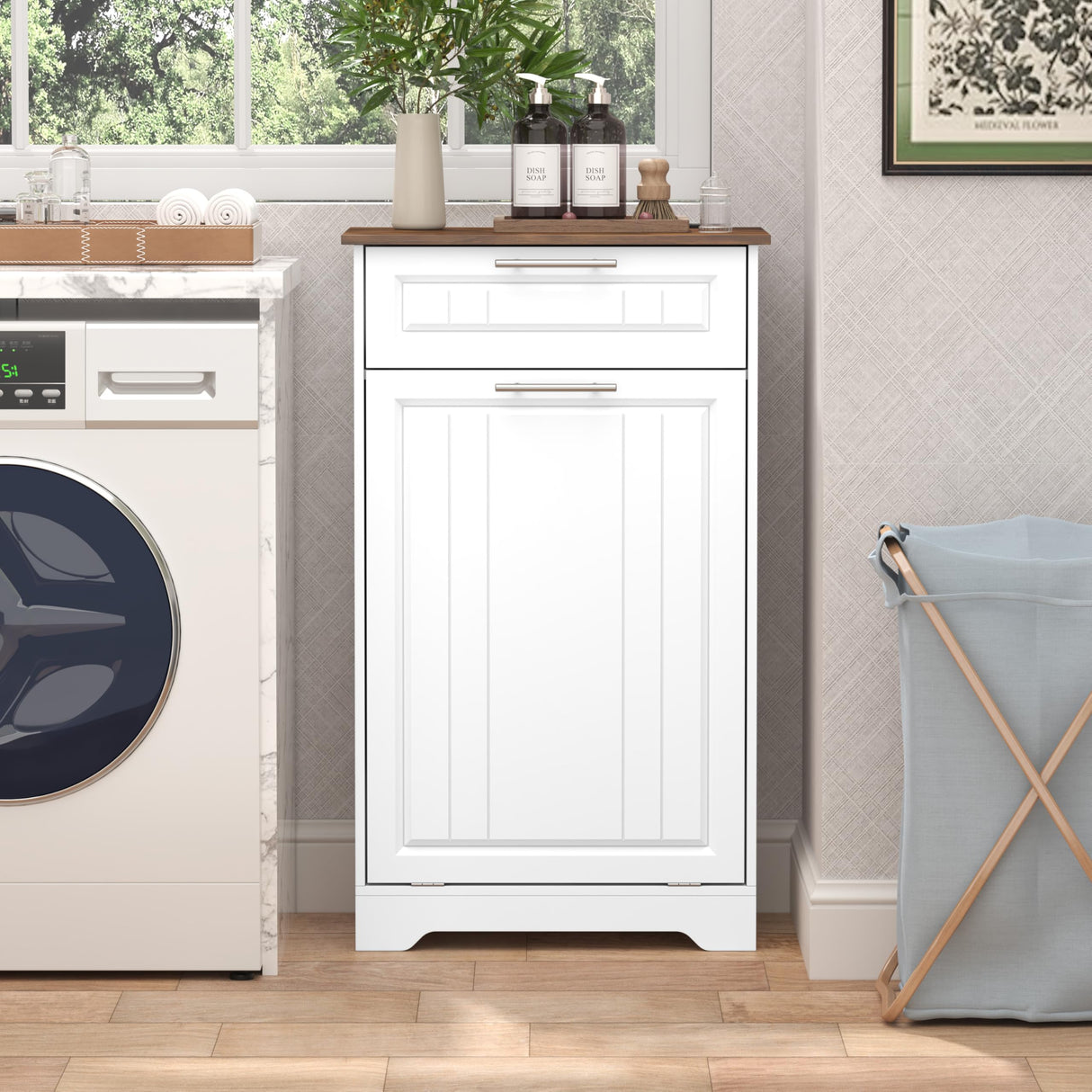 Single 10 Gallon Tilt Out Trash Can Cabinet with Deodorizing Function, Wooden Hidden Garbage Can Holder with Storage Drawers for Kitchen and Dining Room, Laundry Hamper Cabinet for Bathroom, White jmhdyg