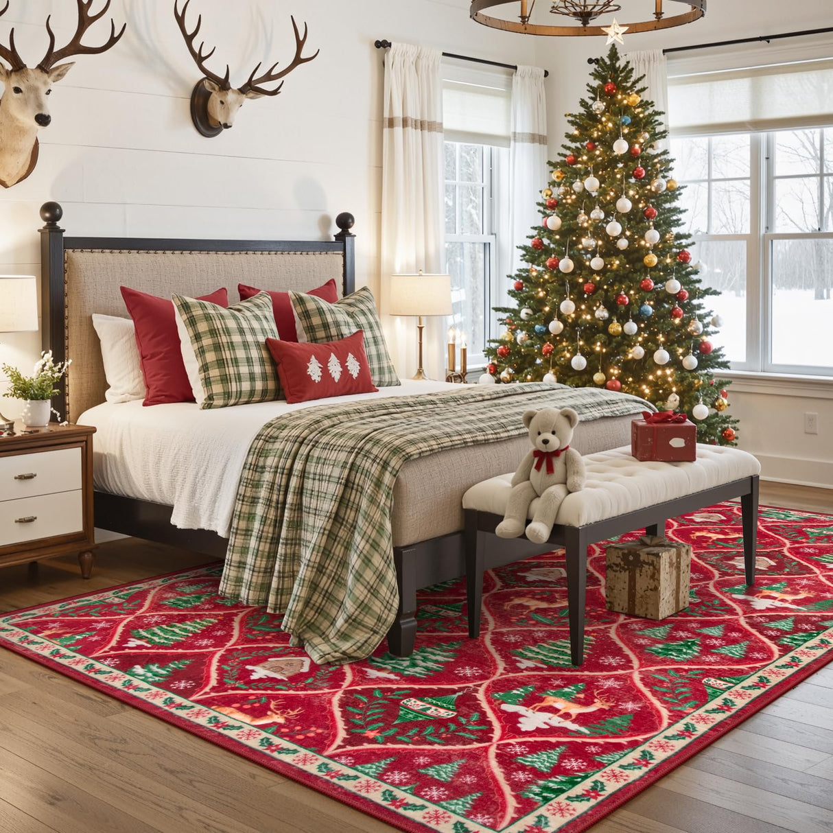 Lahome Christmas Living Room Rug, 5x7 Print Christmas Reindeer Rugs for Bedroom Aesthetic Large Washable Carpet, Soft Xmas Tree Stain Resistance Dining Room Carpets for Under Table (Red) Lahome