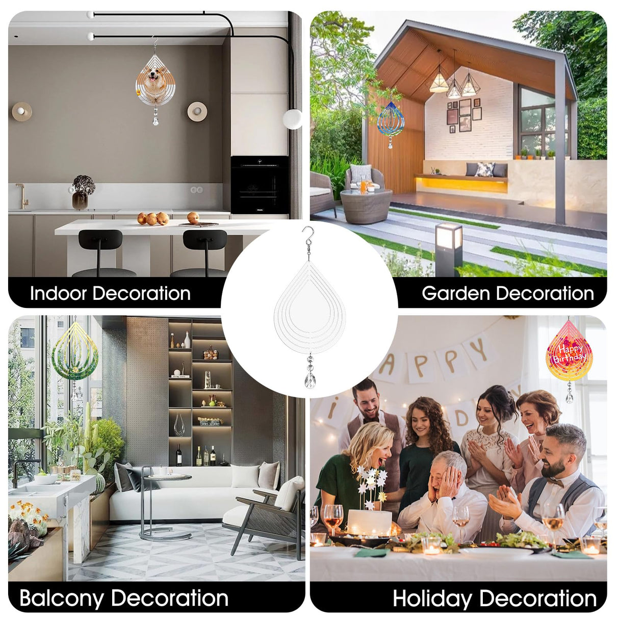 Sublimation Wind Spinner Blanks 8 Inch 4 Pack Wind Spinners Sublimation Blanks with Crystal Pendant Aluminum Metal Wind Spinners for Yard Garden Indoor Outdoor Window Porch Decoration(Waterdrop CHONOVO