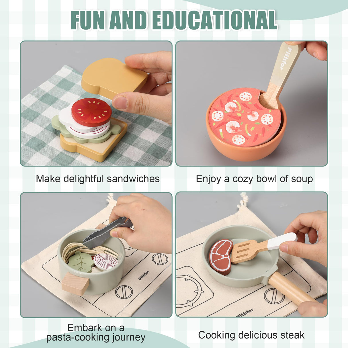 Pithfor Wooden Play Cooking Set, Pretend Play Kitchen Accessories Toys Set for Kids Toddlers, Including Play Dishes, Pot and Pan, Utensils, Gifts for 3 4 5 Years Old Girls Boys Pithfor