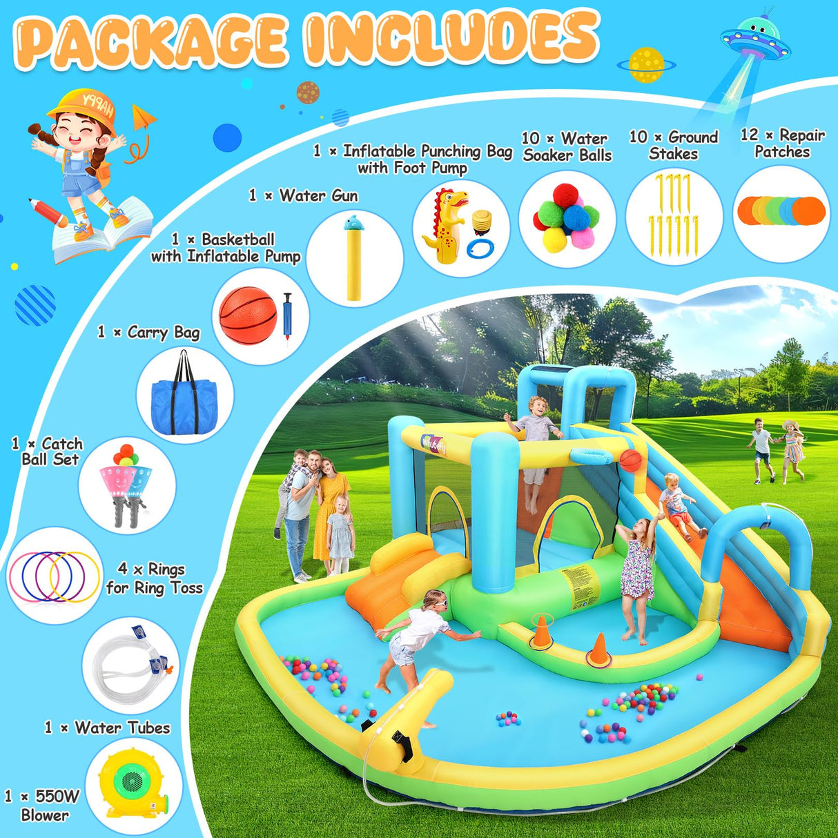 Whubefy 12.8x12FT Water Bounce House for Kids, 13-in-1 Inflatable Water Park with Catch Ball Set/Punching Bag/Toss Rings/Water Soaker Balls/Splash Pool/Water Cannon/Climbing Wall/Basketball Hoop Whubefy