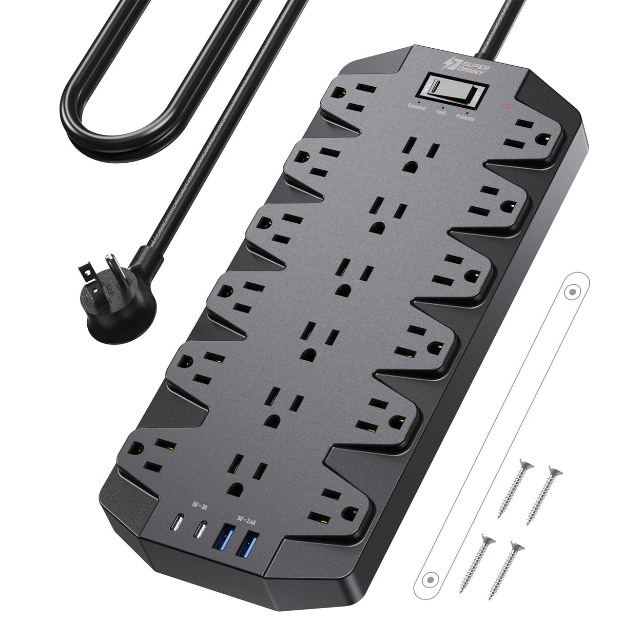 Surge Protector Power Strip, SUPERDANNY 18 AC Outlets with 4 USB Ports, 1875W/15A, 2100J, 6.5FT Flat Plug Heavy Duty Extension Cord with Wall Mount Holes for Home, Office, Gaming Room,Dorm, Black SUPERDANNY