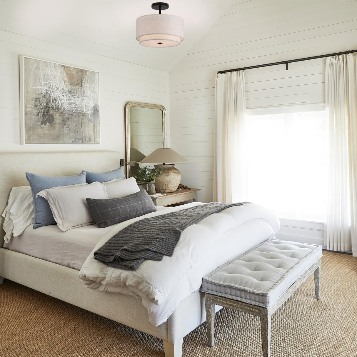 Vexagyle 12.6inch Flush Mount Ceiling Light Fixture,3-Light Modern Close to Ceiling Light with 2-Layer Linen Fabric Shade,Farmhouse Drum Ceiling Mount Lamp for Bedroom Hallway Living Room Vexagyle