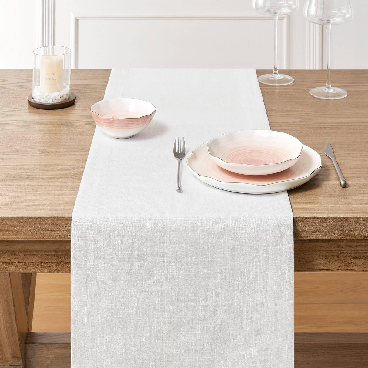ZeeMart Linen Textured Border Table Runner, 14 x 72 Inch White, Farmhouse Style White Table Runners 72 Inches Long, Easy Care Everyday Polyester Table Runner ZeeMart