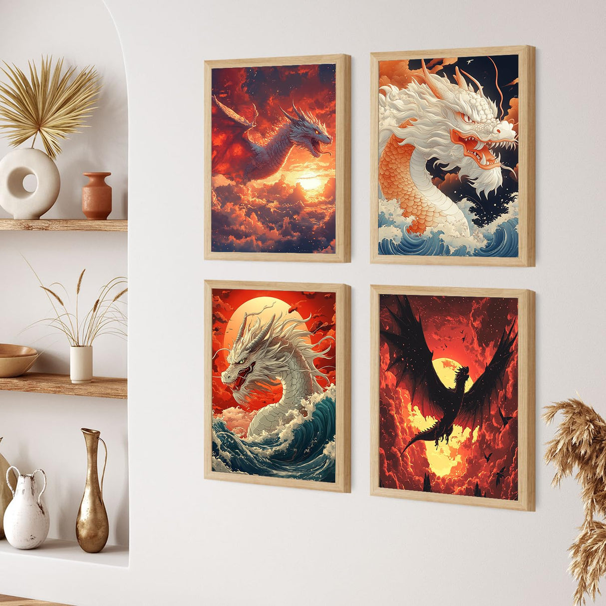 ZXQL Dragon 4 Pack Paint by Numbers Kit for Adults Beginners, 12" Wx16 L Paint by Numbers for Adults Rolled up Canvas for Painting Home Decor Creative Wall Art with Nice Gift Box ZXQL