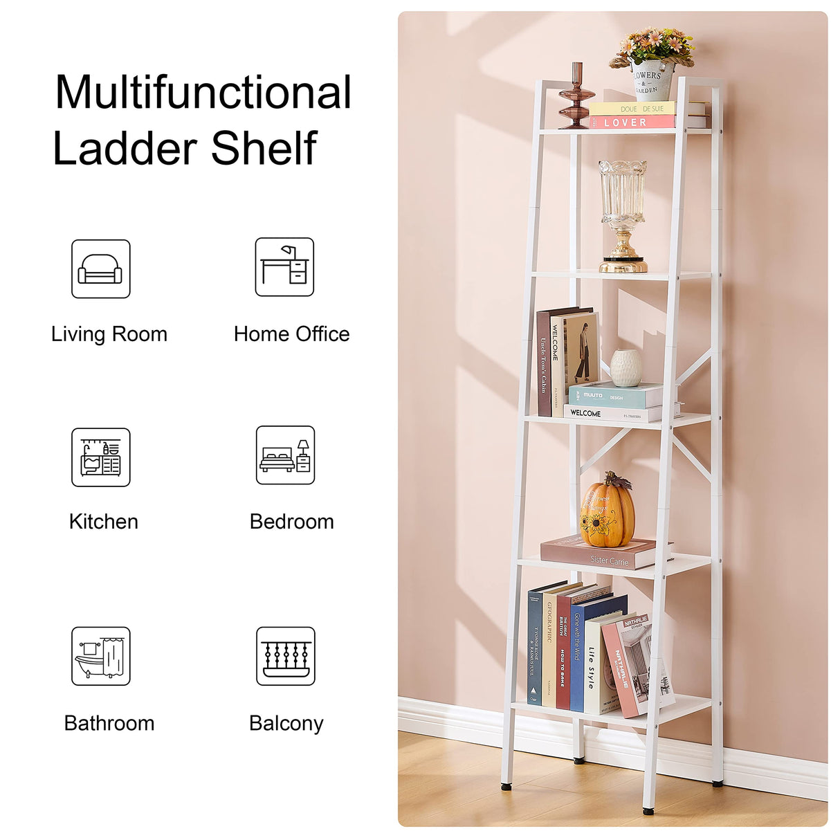 Hoctieon 5-Tier Industrial Ladder Bookshelf, Narrow Ladder Shelf, Tall Standing Bookshelf, Skinny Open Ladder Shelf, for Living Room, Home Office, Kitchen, Bedroom, Metal Frame, White Hoctieon