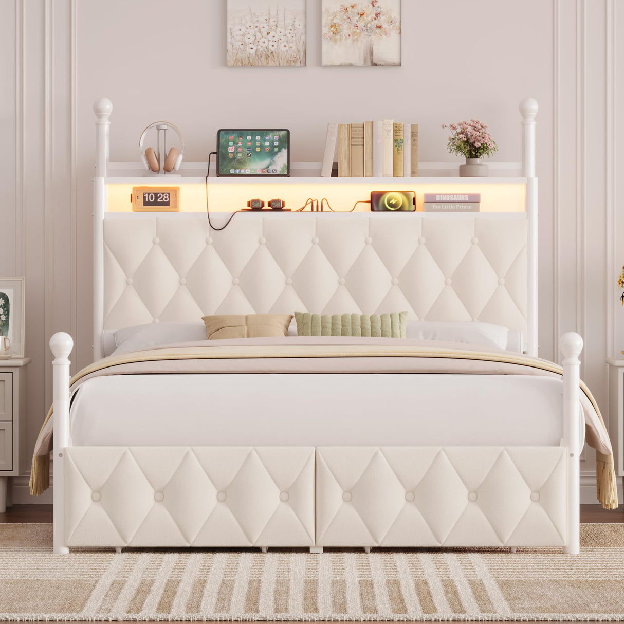 HIFIT Queen Size Upholstered LED Canopy Bed Frame with Storage and Charging Station, Button Tufted Storage Headboard with Bookshelf, Two-Use Metal Platform Bed with 4 Removable Post & 2 Drawers, Biege HIFIT