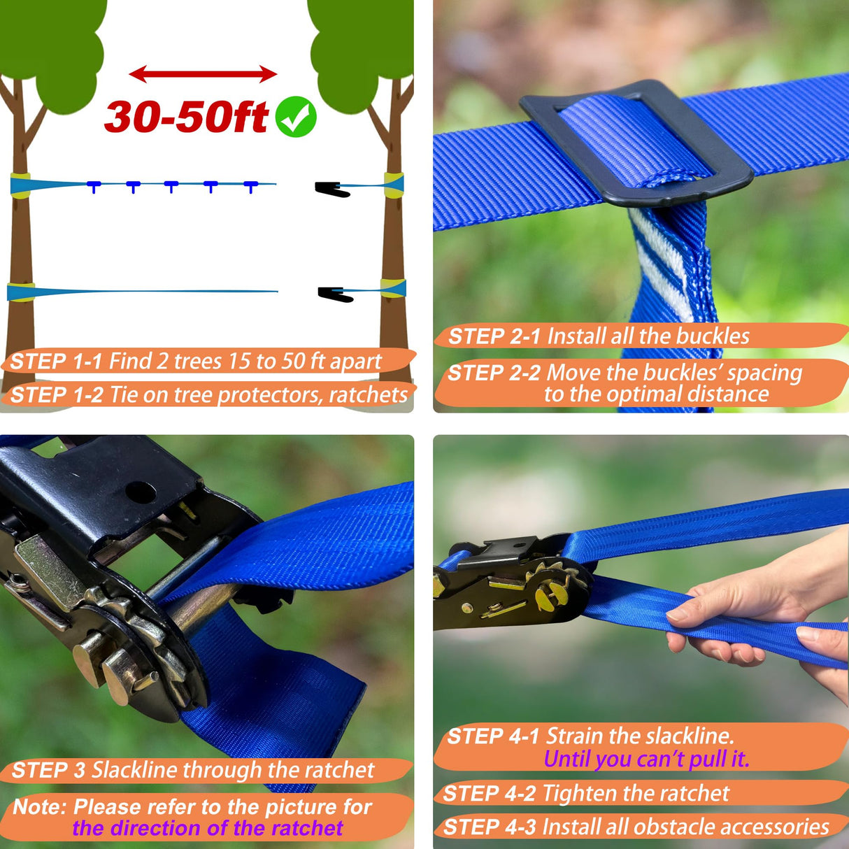 Ninja Warrior Obstacle Course for Kids, 2×56ft Slackline Kit with 8 Ninja Accessories - Monkey Bar, Rope Ladder, Gymnastic Ring, Arm Trainer and Monkey Fist Gentle Booms Sports