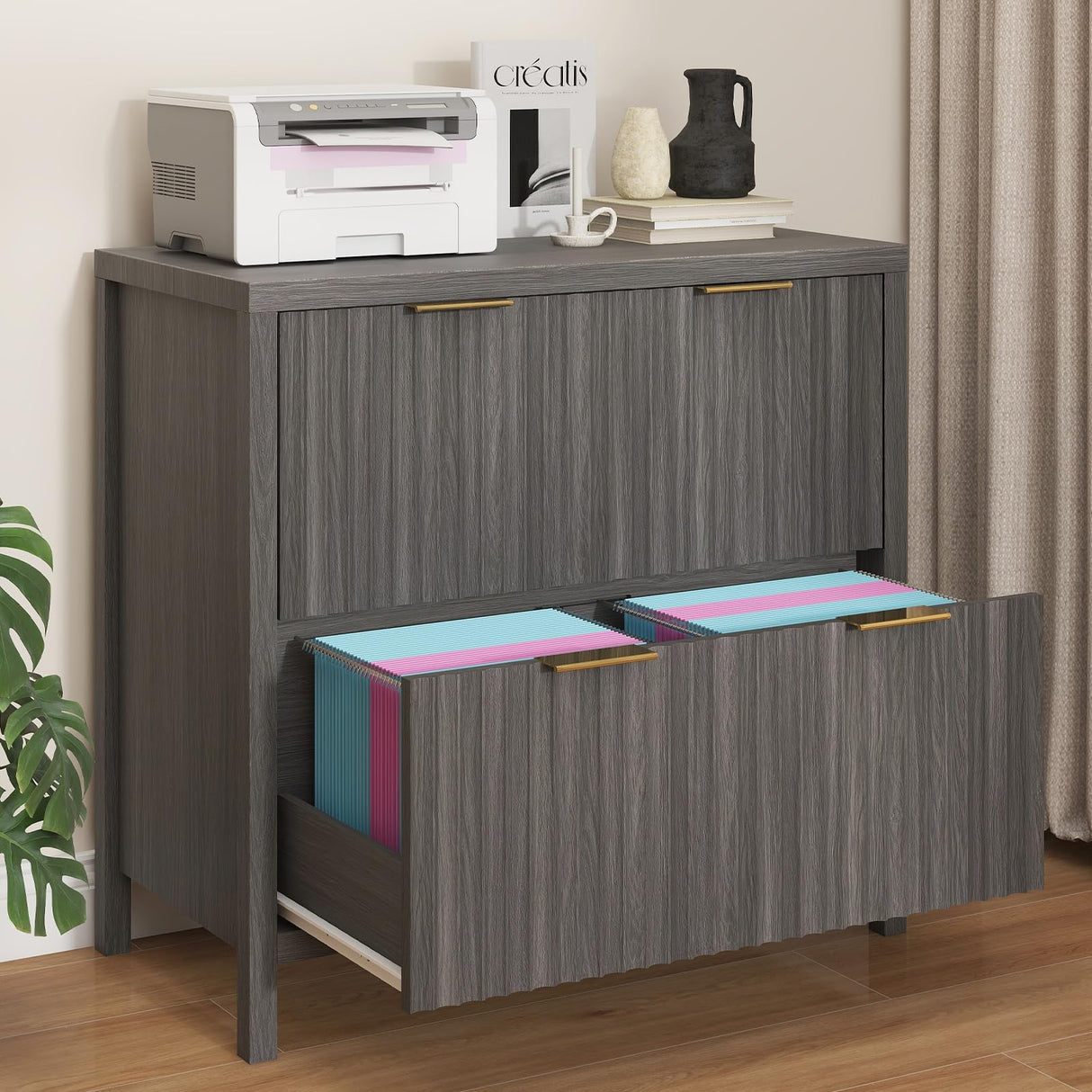 2 Drawer File Cabinet, Printer Stand Lateral Filing Cabinets for Hanging Letter/A4/Legal Size Files Fluted Wood Storage Cabinet for Home Office and School Halitaa
