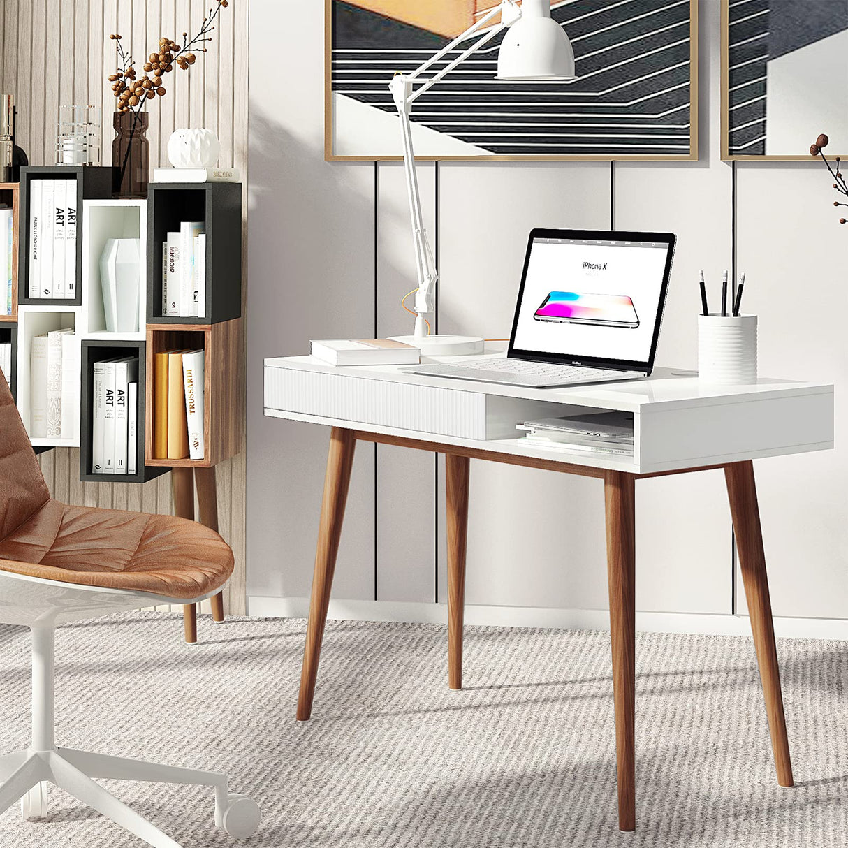 Arts wish White Writing Desk with Drawers Mid Century Modern Desk, Wood Office Desk Computer Desk Vanity Desk for Small Space, White Desk with Walnut Legs Arts wish