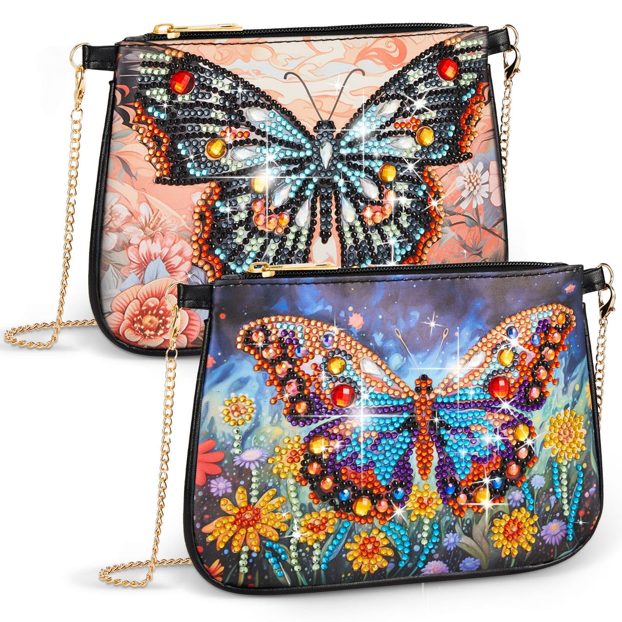 Geyoga 2 Pcs Diamond Painting Purses Diamond Art Kits for Adults Butterfly Handbag Crossbody Bag 5D DIY Shoulder Makeup Bag Chain Leather Clutch Purse Geyoga