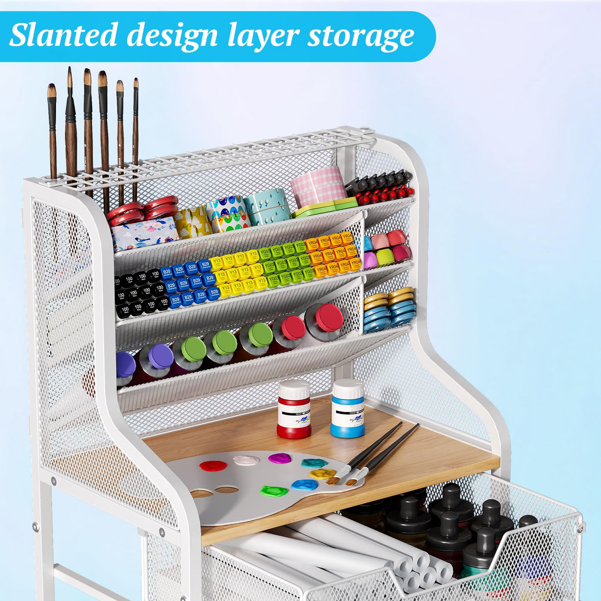 Rolling Craft Cart with Drawer, White Small Utility Cart, Metal Storage Cart with Lockable Wheels, 6 Tiers Paint Organizer for Art Supplies, Store for Brushes Paints Artifacts Small Parts JKsmart