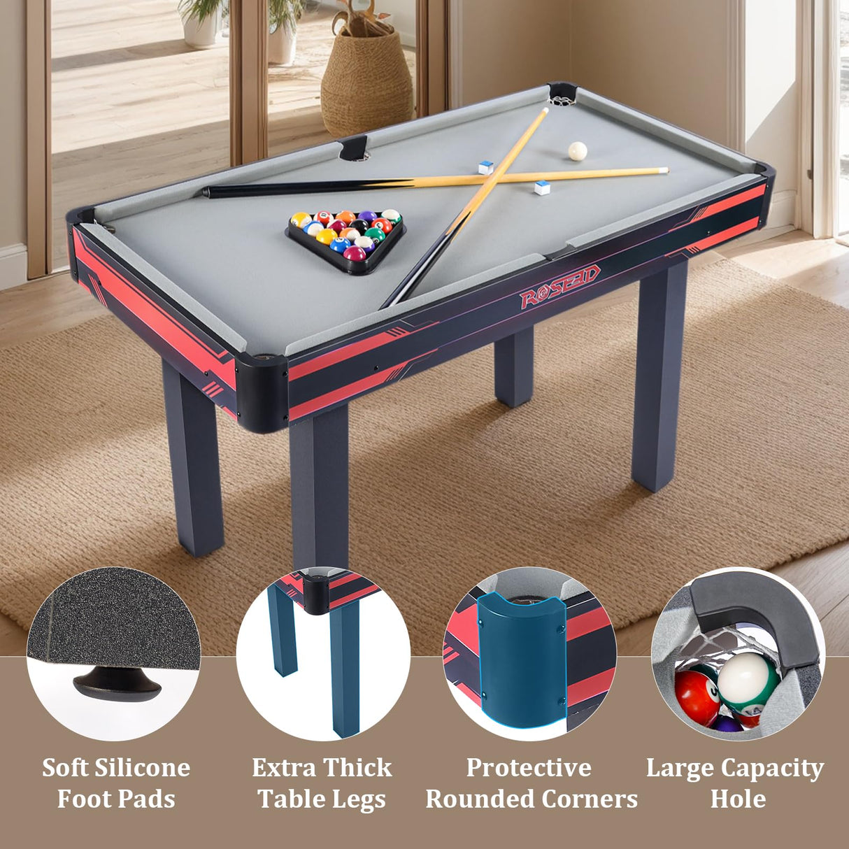 ROSEED 48" Pool Table, Billiard Game Table for Adults and Kids, Mini Pool Table Set Indoor & Outdoor for Family, Game Room, Bar, Office ROSEED