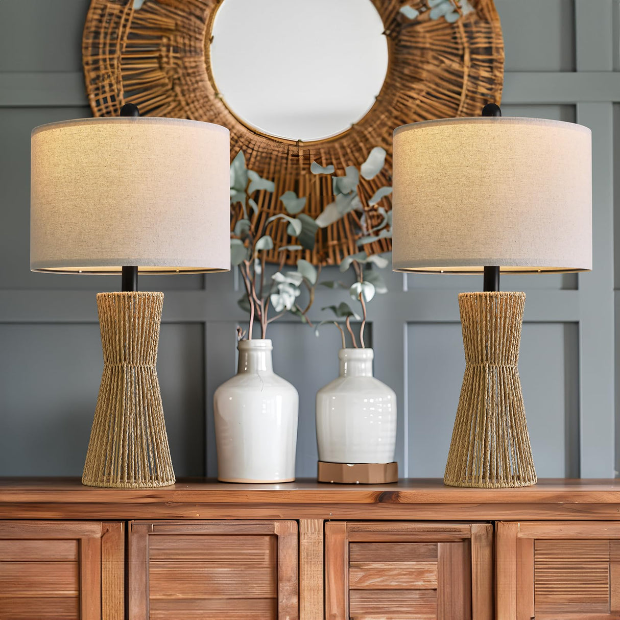 OYEARS 22.5" Table Lamps for Living Room,Boho Lamps Set of 2 for Bedrooms, Bedside Lamp for Nightstands, Rattan Lamp, Farmhouse Table Lamp for Room Decor, End Table, Retro, Brown(Not Include Bulbs) OYEARS