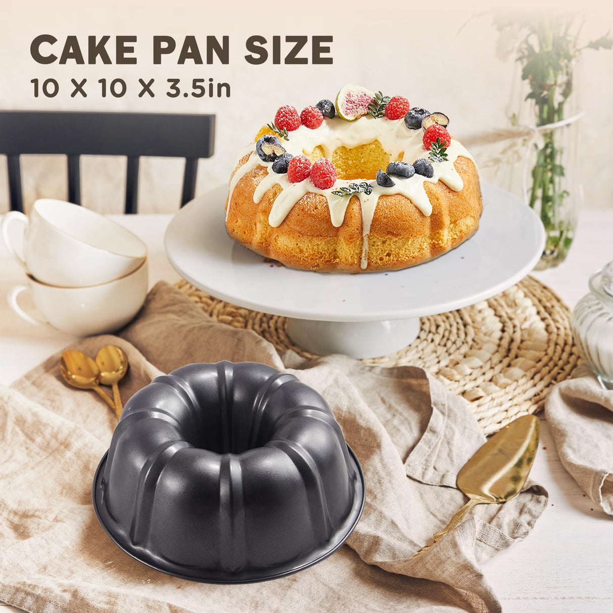 KITESSENSU 9 inch Non-Stick Cake Pans, 12 Cups Premium Fluted Pans for baking, Heavy Duty Carbon Steel Tube Baking Mold, Gray KITESSENSU