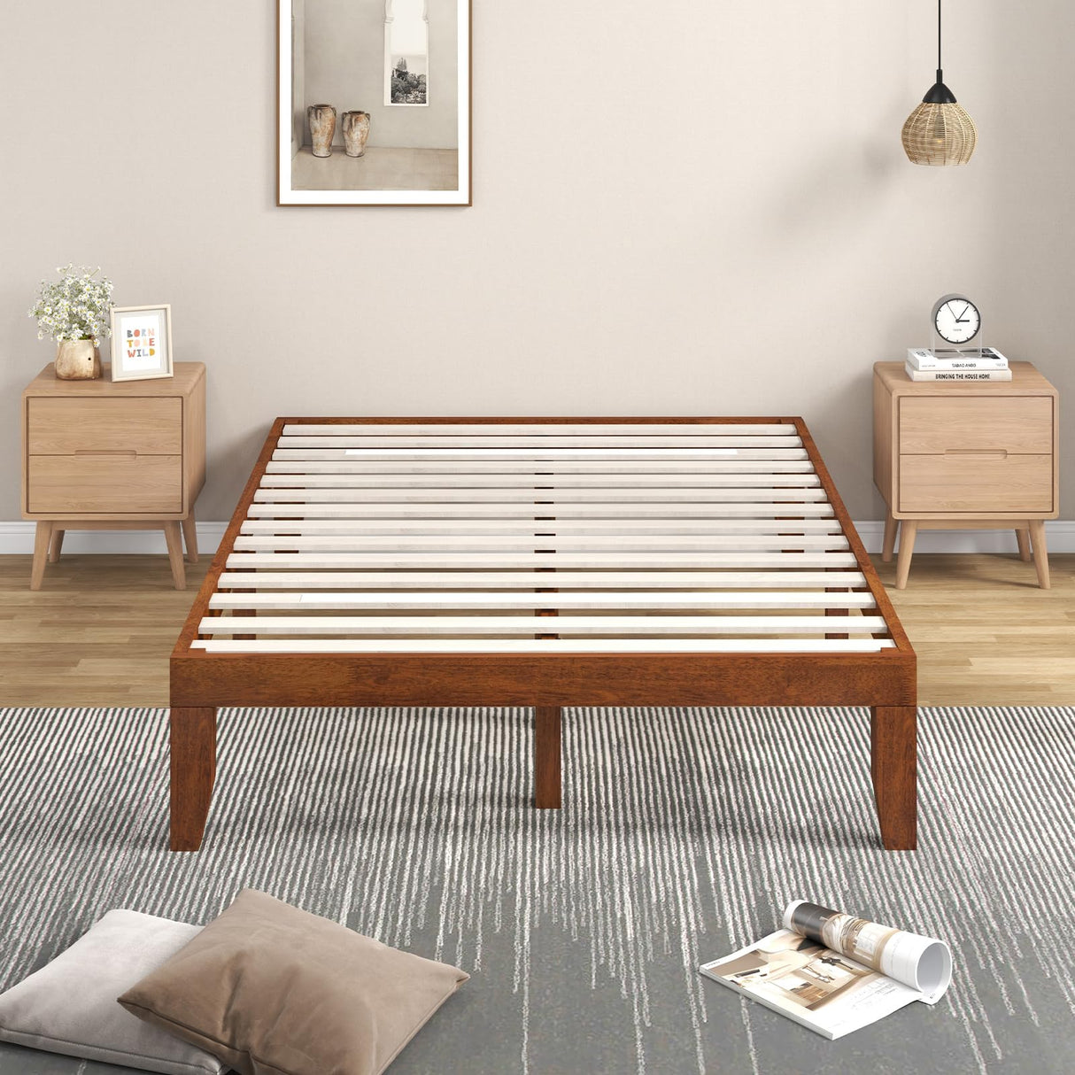 KOMFOTT 14-Inch Brown Cherry Solid Wood Platform Bed Frame with Under-Bed Storage KOMFOTT