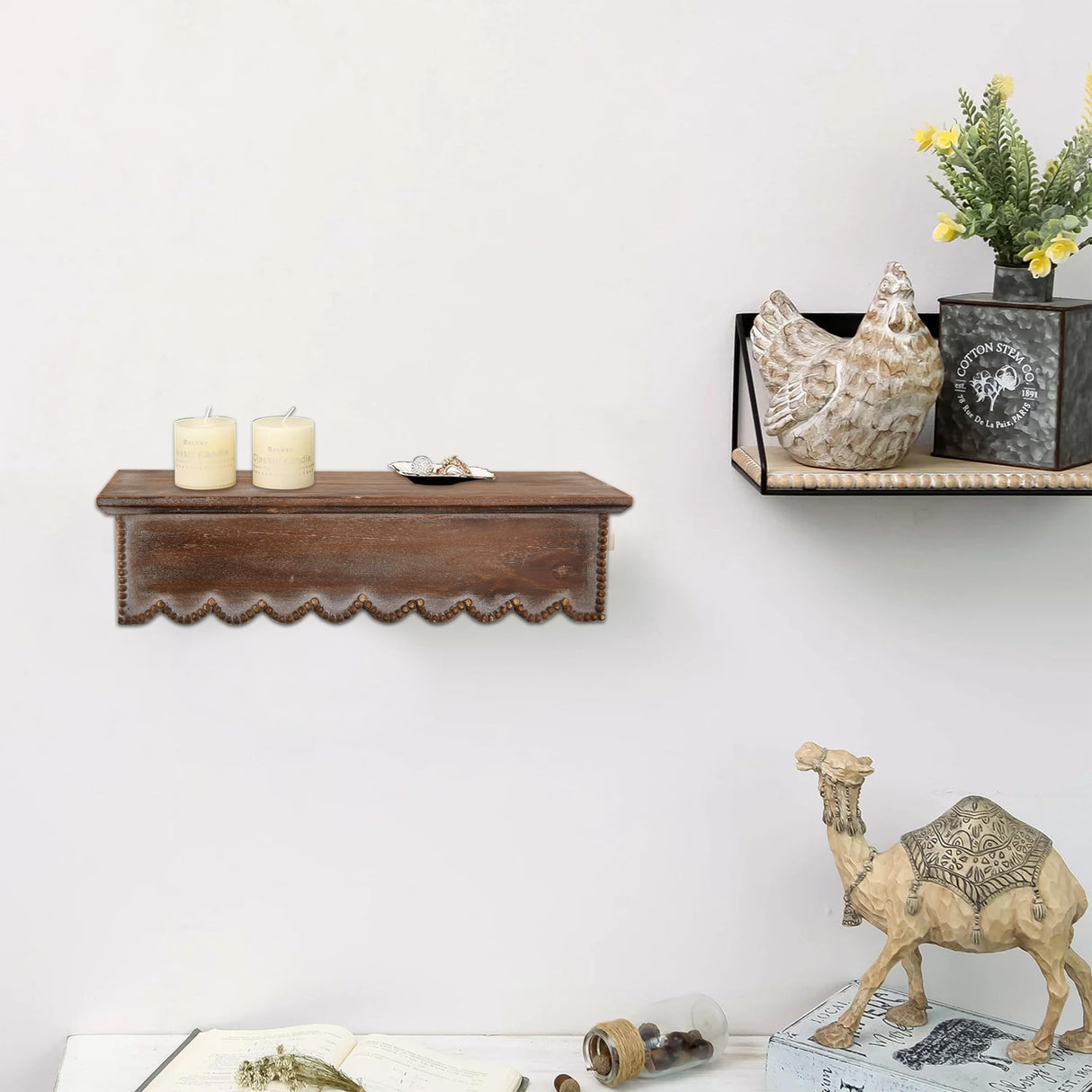 SOFE Wood Scalloped Decorative Wall Shelf, Bedroom Bathroom Kitchen Shelving Wall Mounted Heavy Duty, Farmhouse Floating Storage Shelves Small Hanging Shelves Display Book Picture Ledge Shelf SOFE