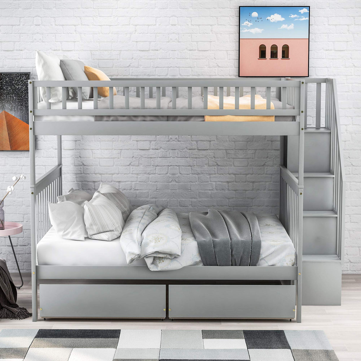 Full Over Full Bunk Beds with Drawers and Stairs Stairway Bunk Bed Frame with Storage Shelves for Kids Teens Adult, Wood Full Bunk Bed for Boys Girls Adults, Gray Bellemave