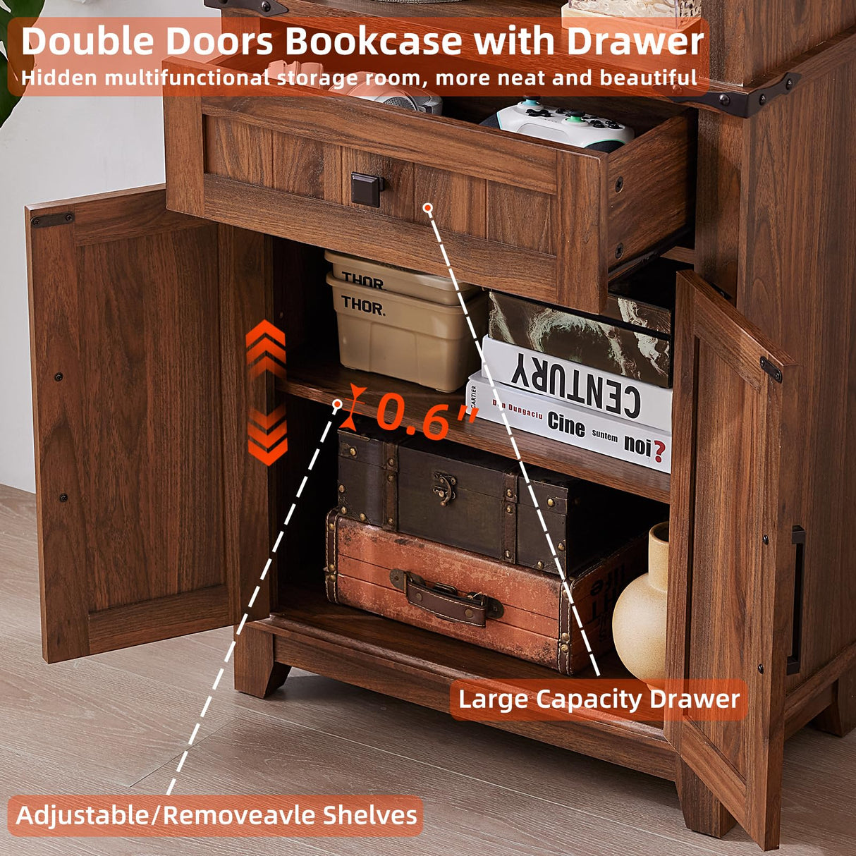 Joaxswe 72in Tall Bookshelf 7 Tier Bookcase with Drawer and Barn Doors and Adjustable Shelves, Brown Farmhouse Book Shelf with Storage Cabinet, Wood Freestanding Display Bookshelves for Kitchen Joaxswe