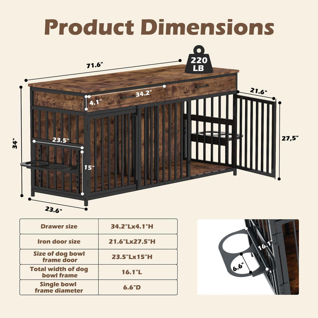 NEOCOZY Double Dog Crate Furniture, Indoor Large Heavy Duty, 72x24x36 inch Dog Crate Furniture for 2 Dogs with Bowl Stand NEOCOZY