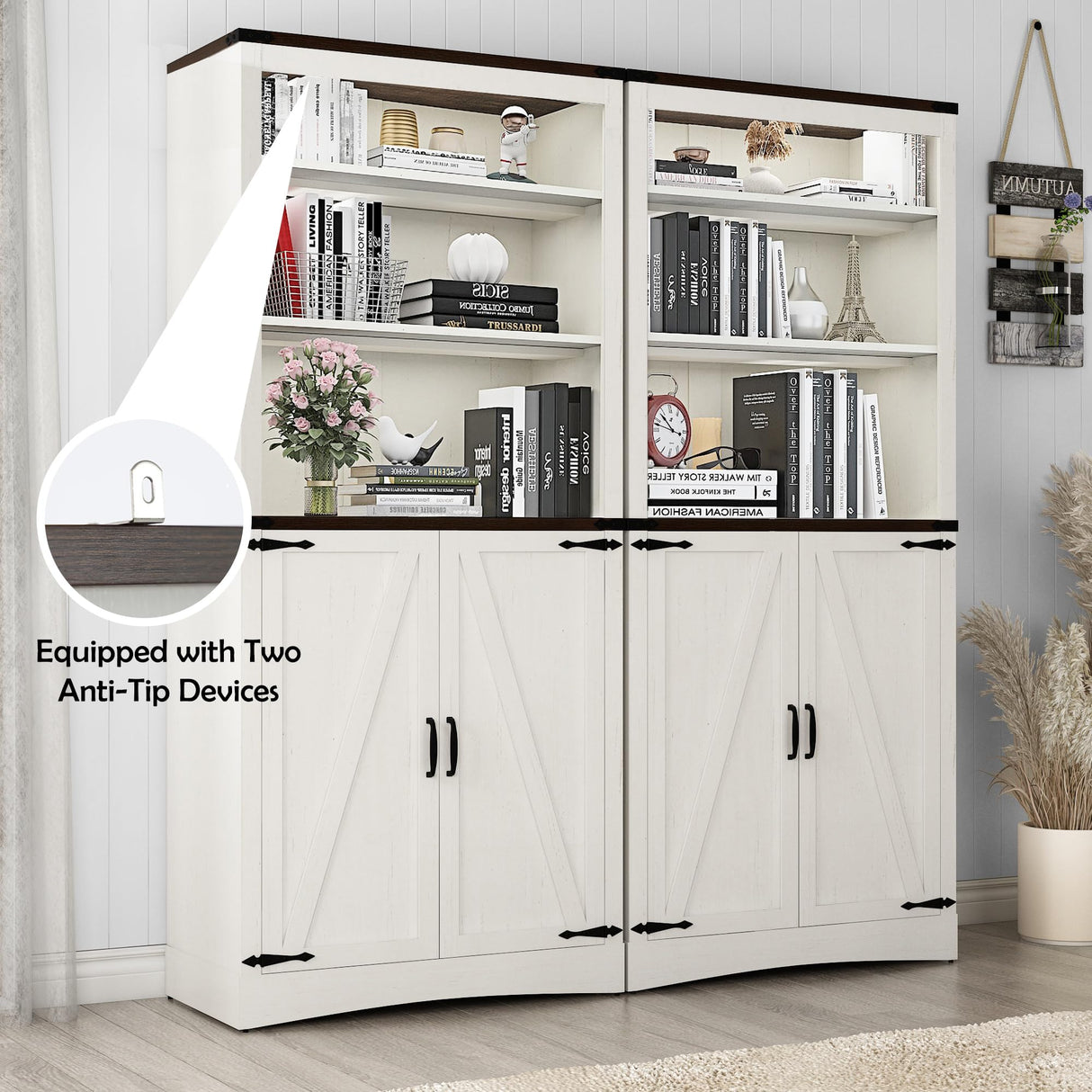 Farmhouse Tall Storage Cabinet with Adjustable Shelves and Barn Doors - 71in White Kitchen Pantry Hlivelood