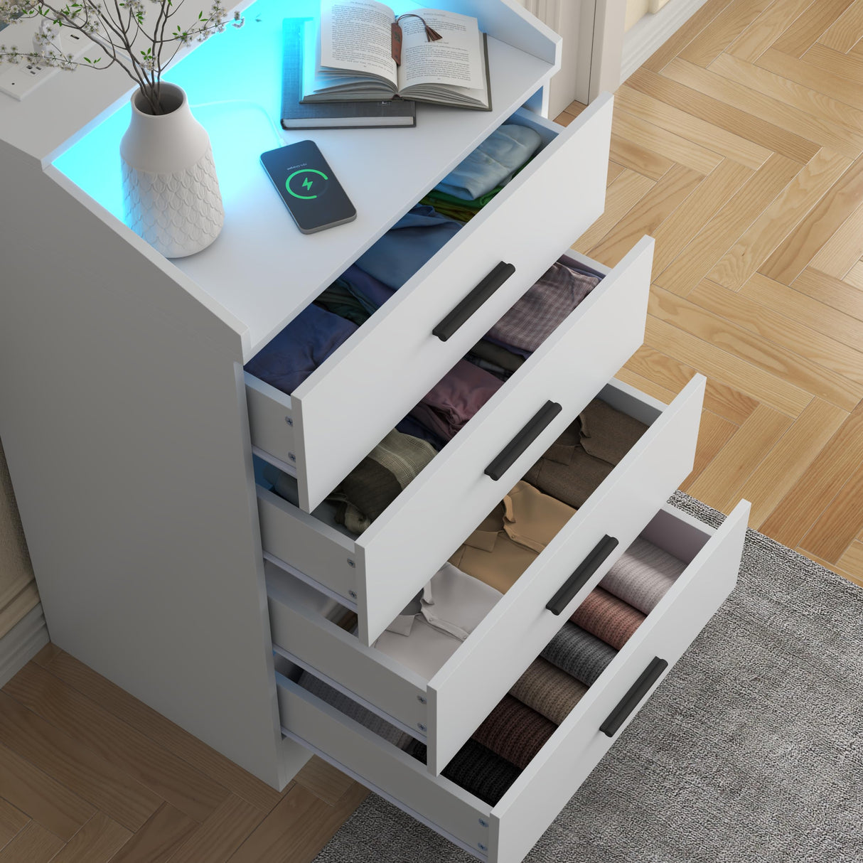 4 Drawer Dresser for bedroom with LED Light, Modern Dresser with Power Outlet, White Dressers with Open Storage Cubby, Chest of Drawers Storage Organizer for Bedroom, Hallway, Living Room(White)โฆ Gyfimoie