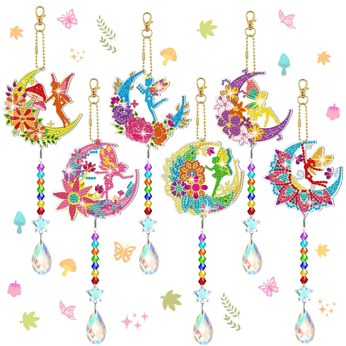 Tradder 6 Pcs Diamond Painting Wind Chimes Spring Diamond Painting Kit Double Sided Elf Ornaments with Crystal Pendant 5D Diamond Art for Spring Home Garden Hanging Ornament Tradder