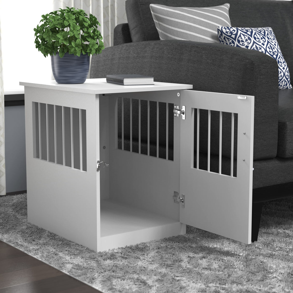 ClosetMaid Pet Crate End Table Furniture for Small Dogs or Cats Under 12 lbs, White Wood Finish ClosetMaid