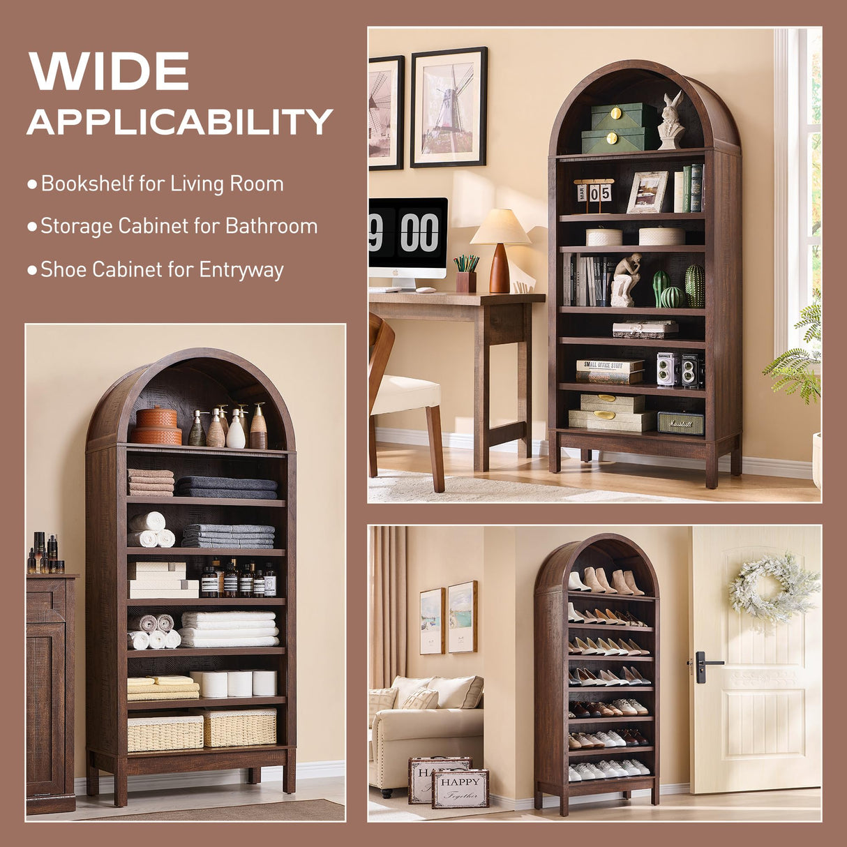 IFGET 71" Tall Arched Bookshelf, 7 Tiers Arch Bookcase with Storage, Modern Farmhouse Book Shelf with Adjustable Shelves, Wood Bookshelf w/Open Display Shelves for Living Room, Office (Brown) IFGET