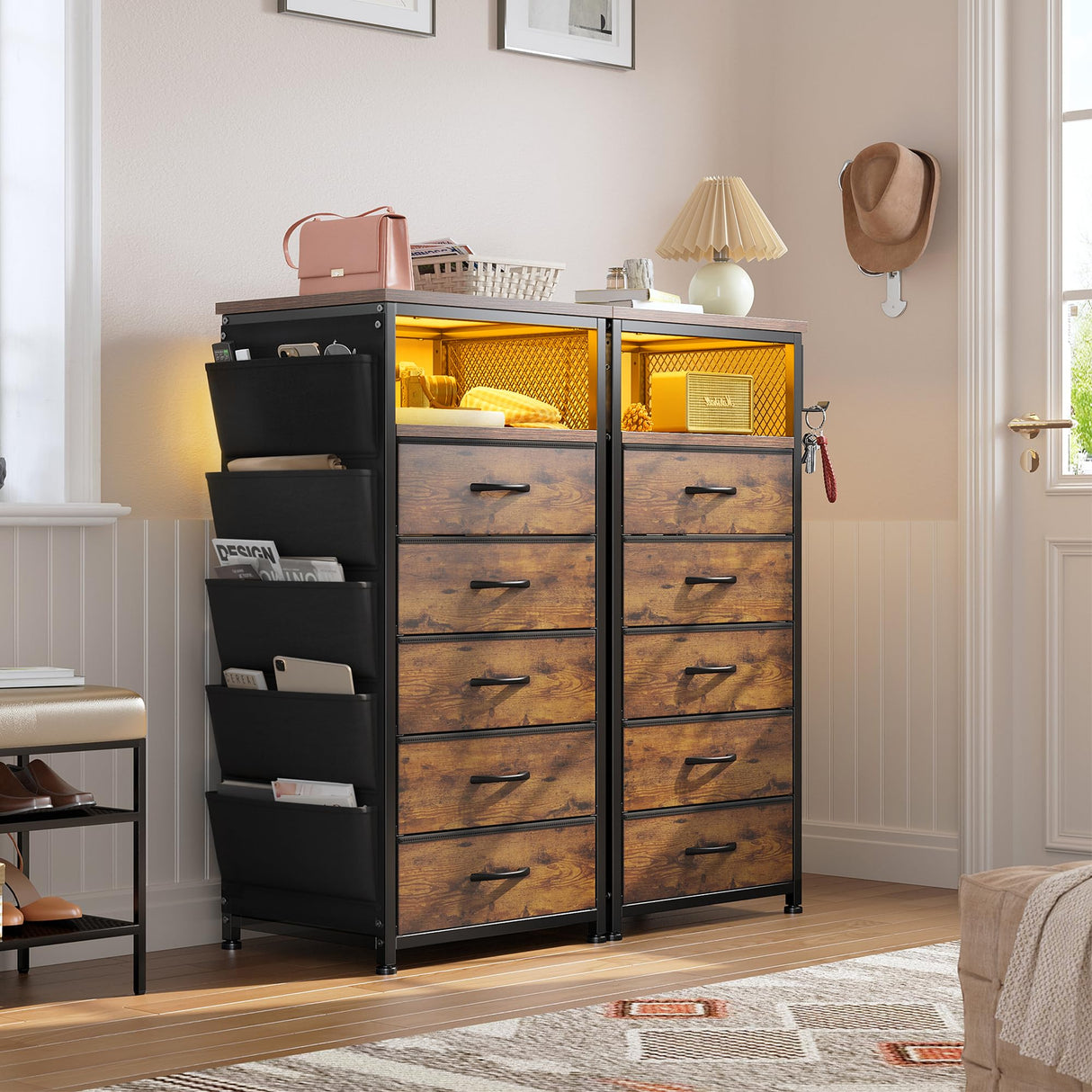 EnHomee Night Stand Set 2 with Charging Station, Tall Nightstand with 5 Drawers, LED Nightstands with USB Ports & Outlets, Night Stands with Extra Side Bag & Hooks, Side Table, Dresser, Bedroom, Brown EnHomee