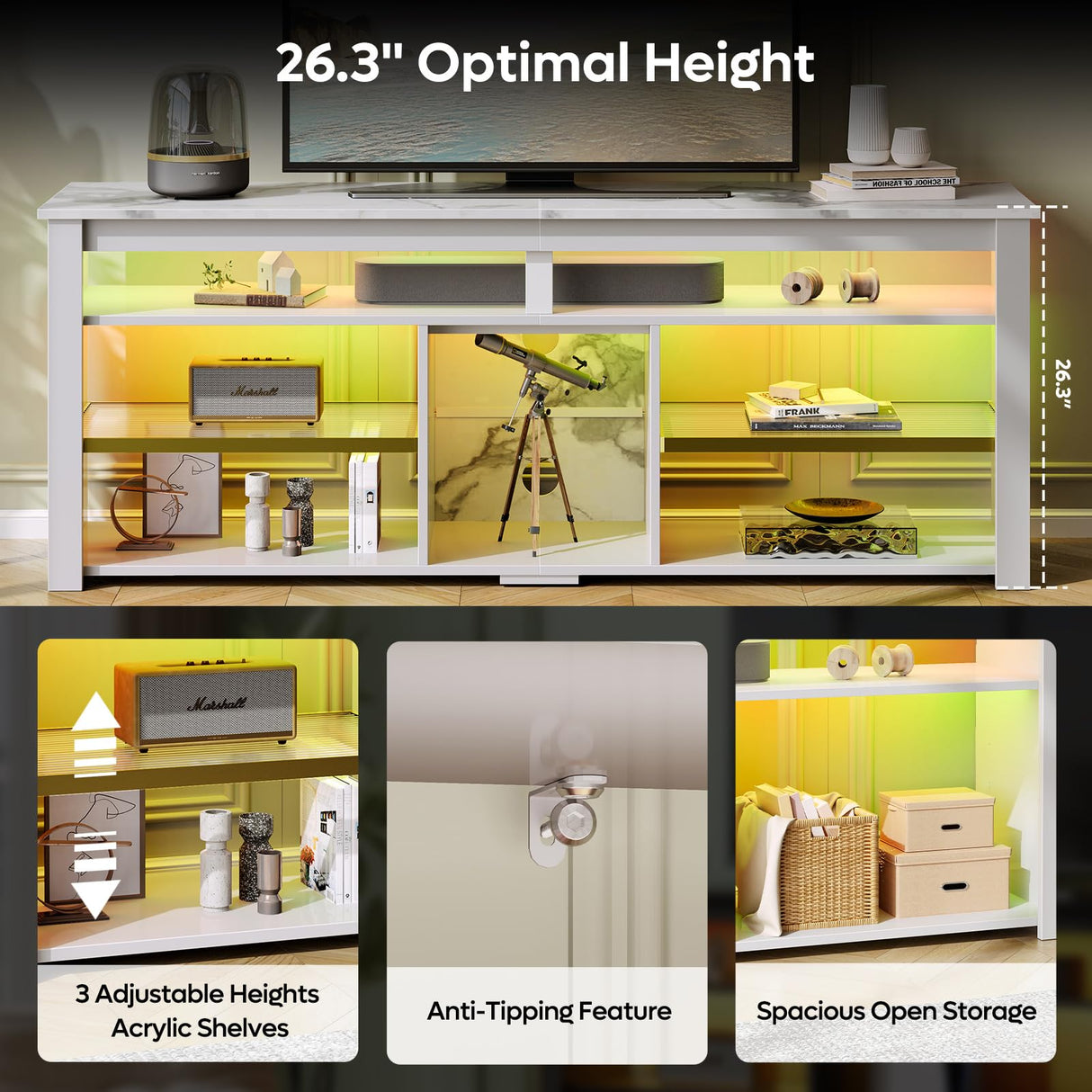 Bestier TV Stand for 65/70 inch TV, Tall Entertainment Center with 2 Led Lights, Gaming TV Console with Storage for PS5, Modern TV Cabinet for Bedroom, Living Room, White Marble Bestier