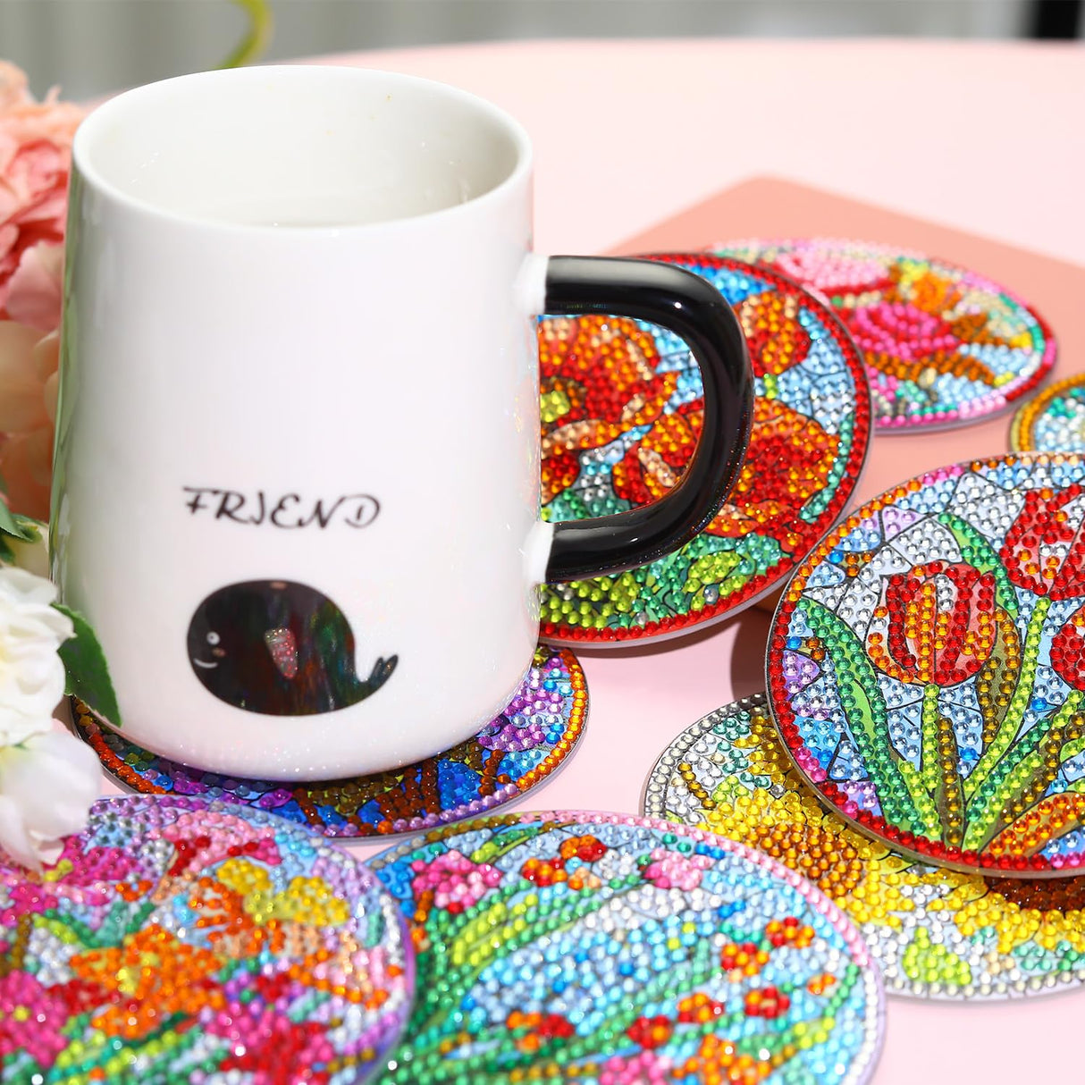 8 PCS Flowers Diamond Art Coasters Kits, Diamond Painting Coasters with Holder Set of 8, DIY Drink Coasters Art Crafts Supplies for Adults Cup Mat for Home Decor House Warming Gifts Non-Slip 3.9inch FOXKISS