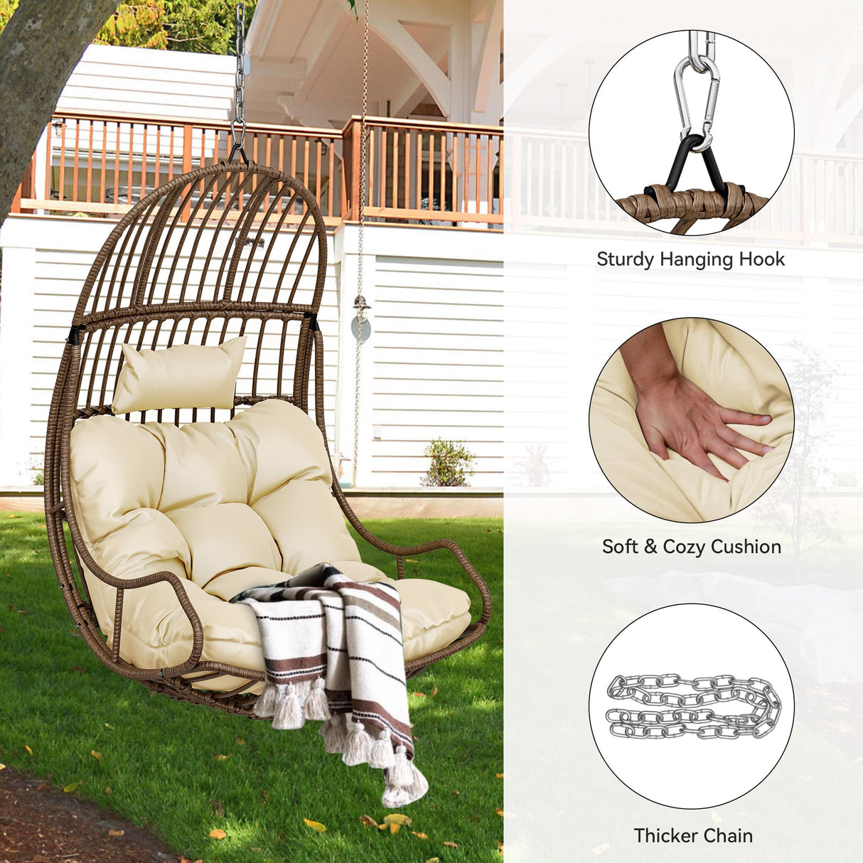 YITAHOME Hanging Egg Swing Chair Egg Chair Wicker Indoor Outdoor Hammock Egg Chair with Cushions 330lbs for Patio, Bedroom, Garden and Balcony, Beige (Stand not Included) YITAHOME