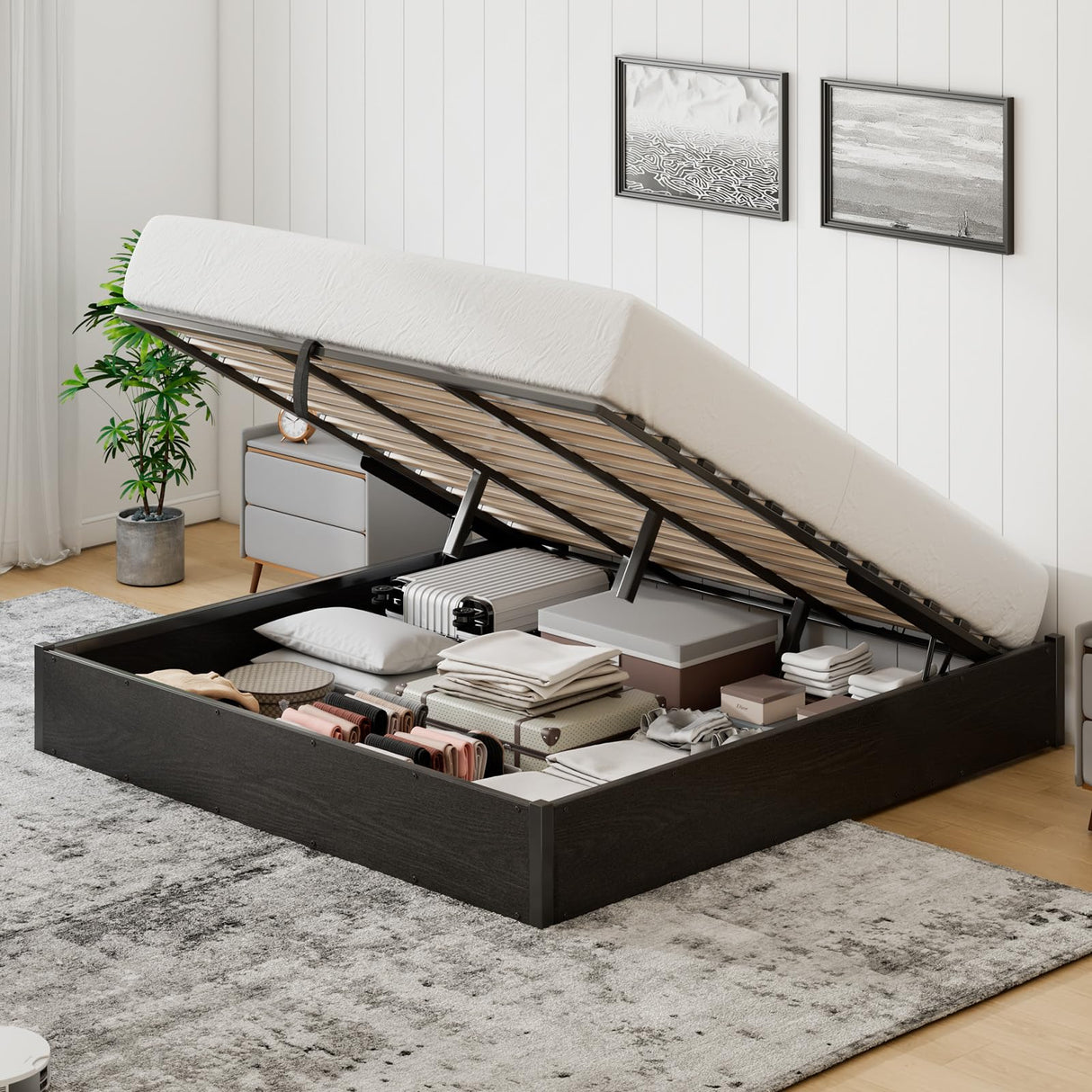 YUMPIE Lift Up Storage Bed Frame, King Size Wooden Platform Bed with Large Storage Underneath, No Box Spring Needed, Noise Free, Black YUMPIE