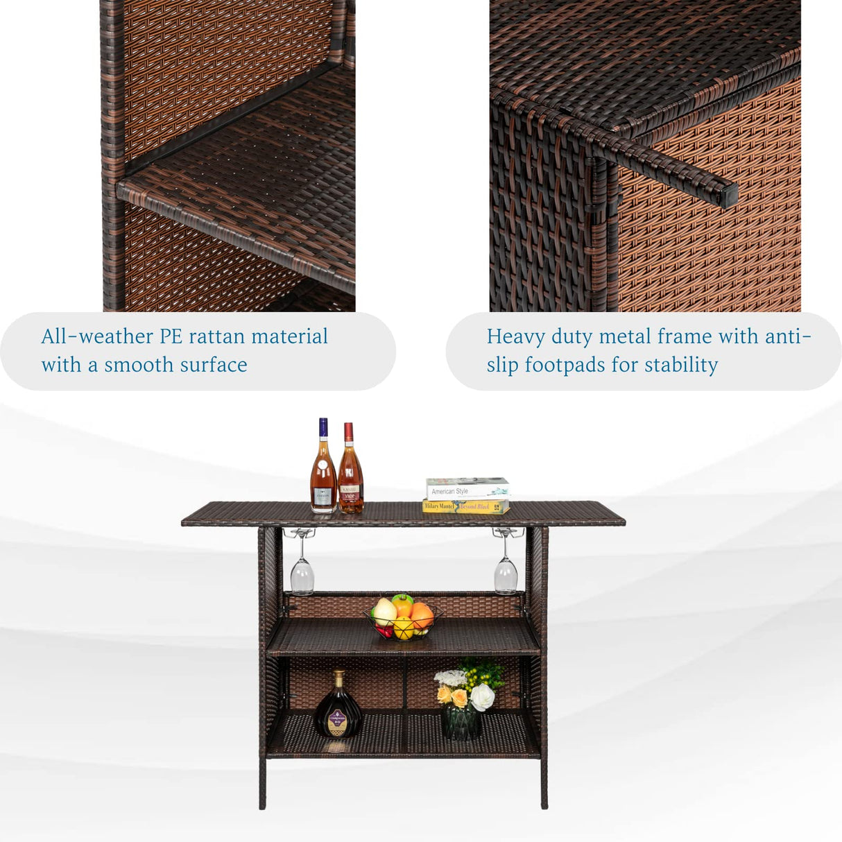 Outvita Patio Rattan Bar Table, Wicker Counter bar Table with 2 Layer Shelves and Wine Racks for Poolside, Backyard, Garden, Porches Brown Outvita