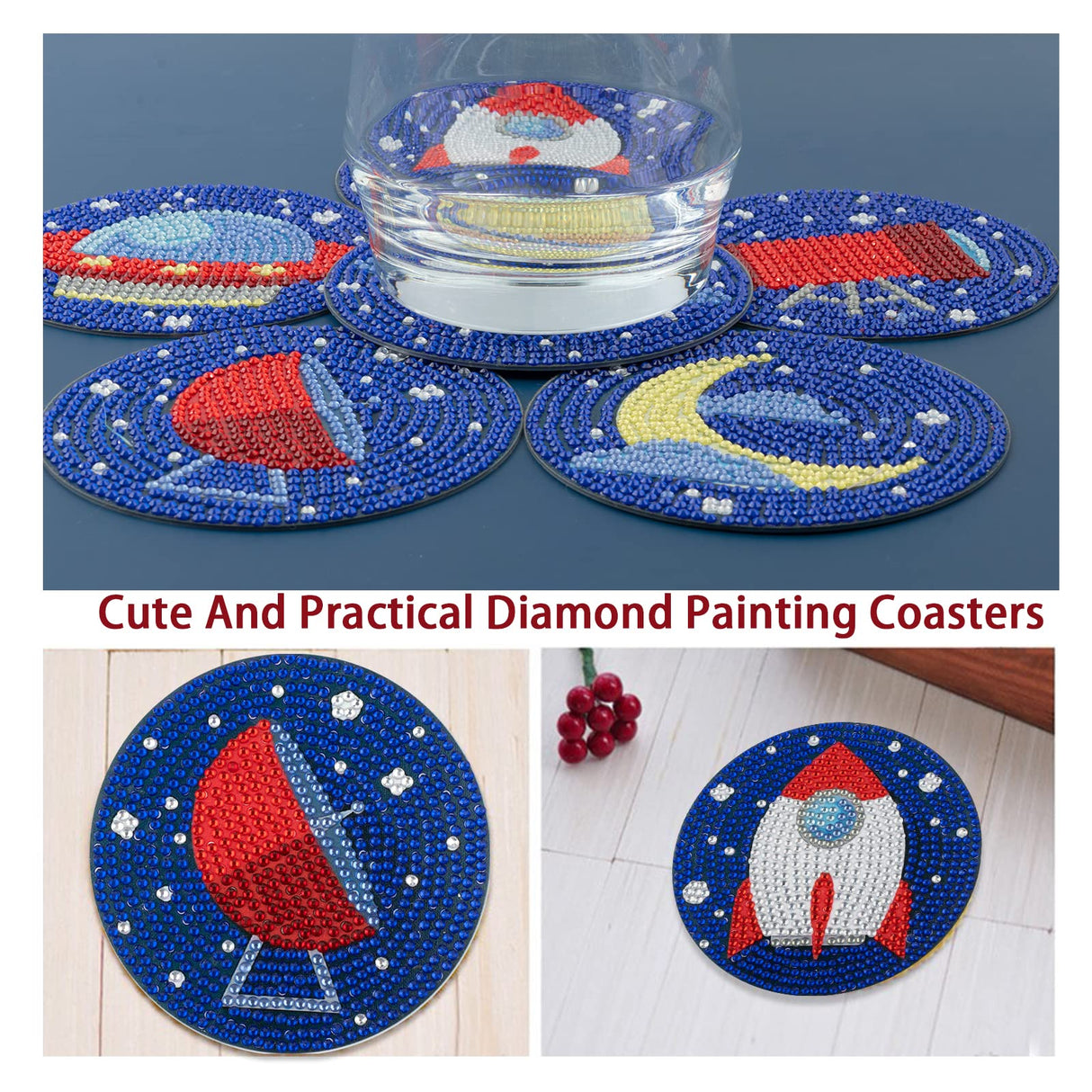 6 Pcs Starry Sky Diamond Art Acrylic Coasters with Cork Base and Holder, DIY 5D Diamond Painting Coasters Kit for Adults, Planet Rocket Moon Spaceship Design, Creative Table Decor Crafts antor