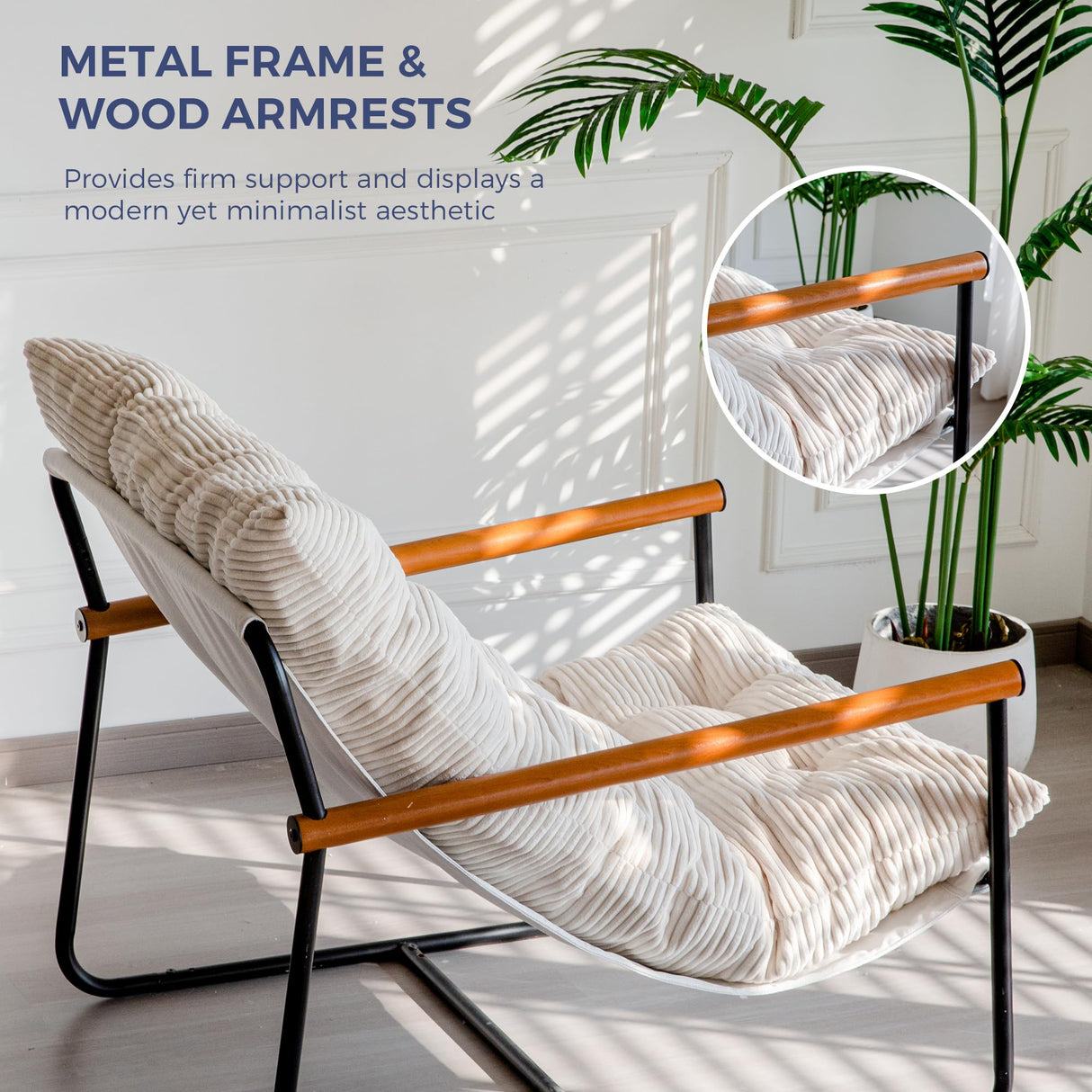 MAXYOYO Modern Accent Chair, Comfy Living Room Chair with Metal Frame Wooden Armrest, Upholstered Armchair with Soft Cushion for Bedroom Balcony Lounge Reading Room, Beige MAXYOYO