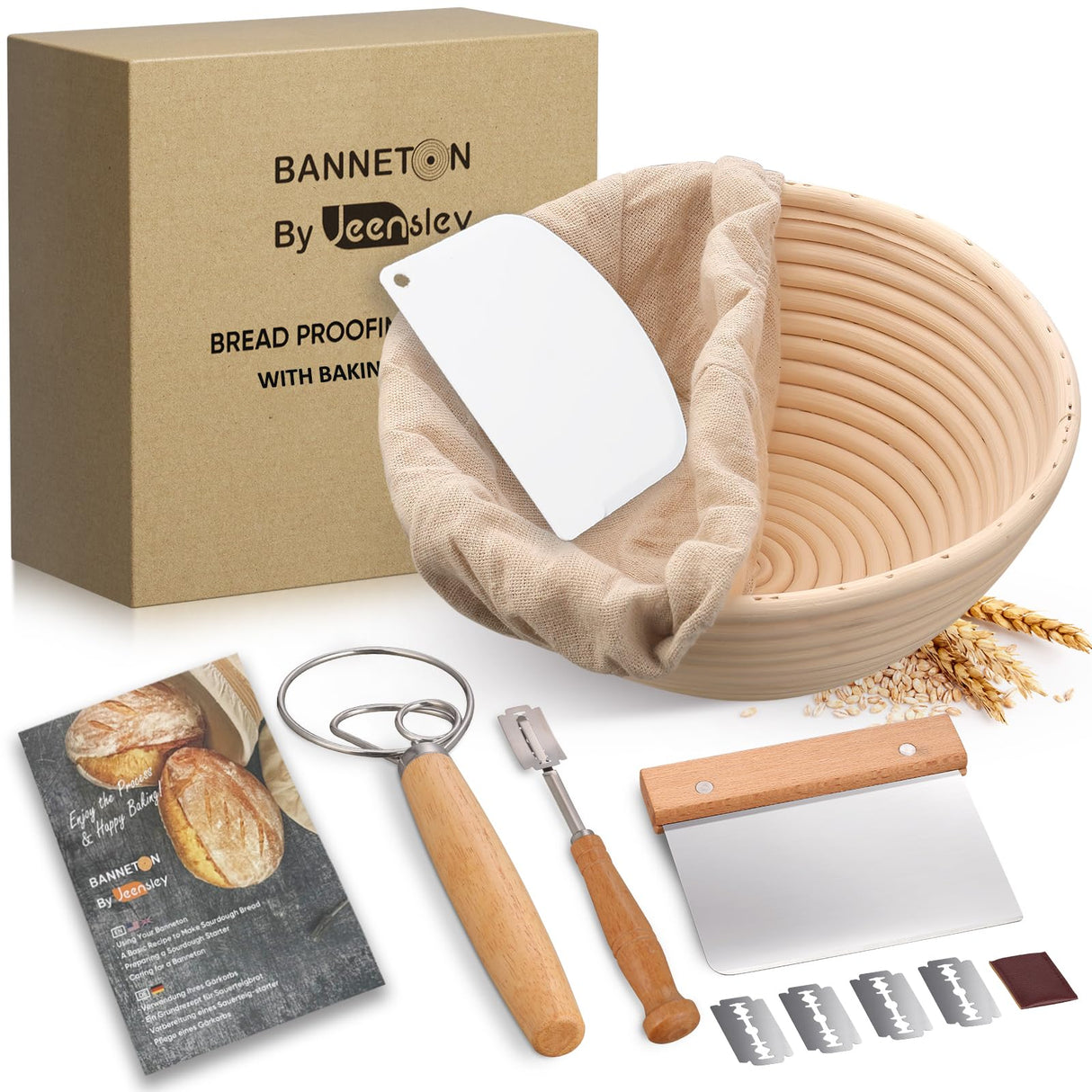 Jeensley Boxed Sourdough Bread Proofing Basket with 2025 Brochure Round Banneton Bowl with Liner and Bread Making Tools Handmade from Quality Natural Indonesian Rattan Bread Baking Supplies Jeensley