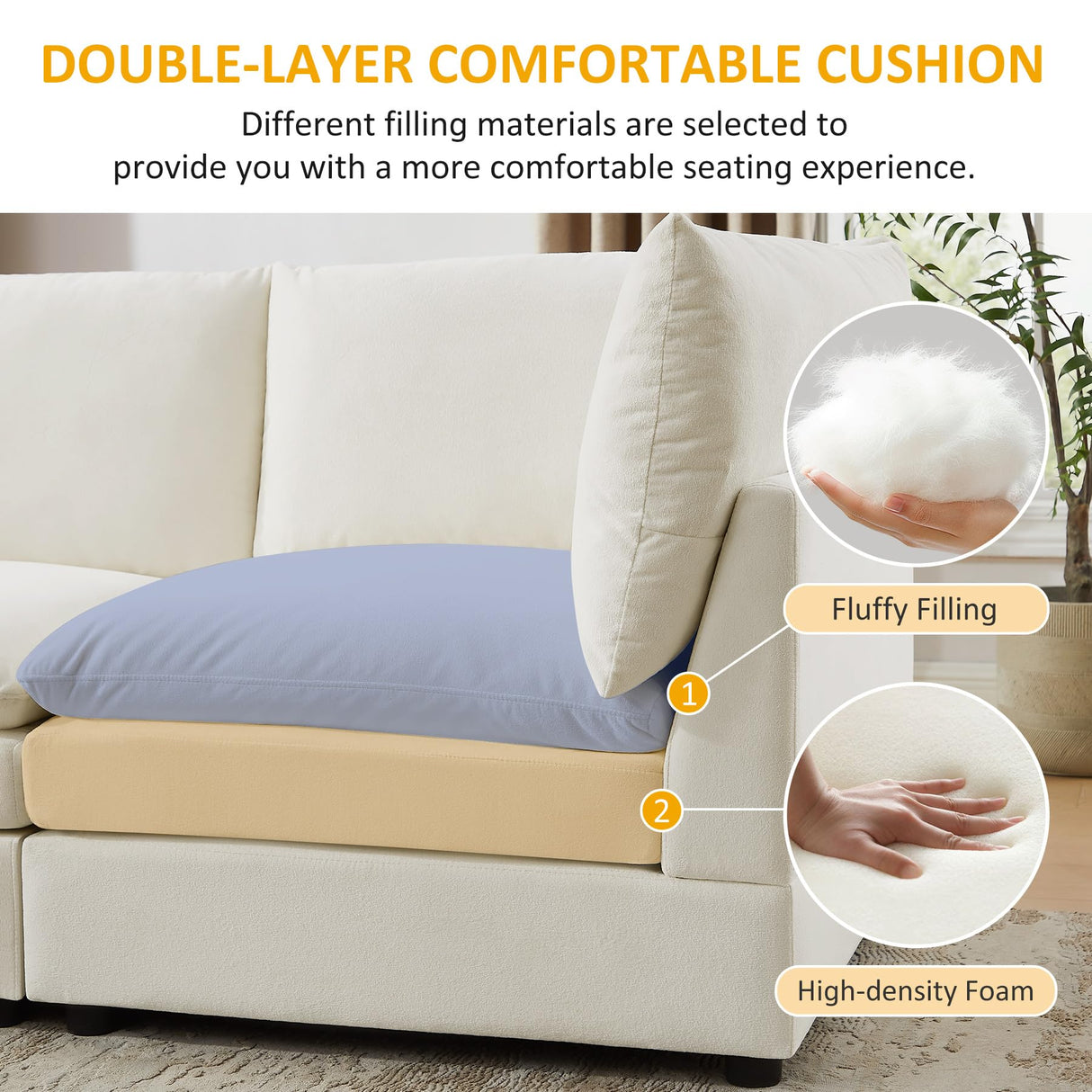 VANOMi 98" Cloud Modular Sectional Sofa Couches for Living Room, Oversized Modern Sleeper Sofa with Deep Seat Double-Layer Thick Cushion Ottoman, Convertible Upholstered Sofa Set, Ivory White VANOMi