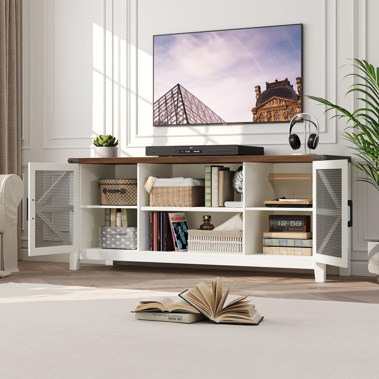 TV Stand for 65 Inch TV, Farmhouse Entertainment Center with Storage and Shelves, Industrial TV Stand with Mesh Door, White TV Media Console Cabinet Furniture for Living Room, Bedroom (White, 58 Inch) Jocoevol