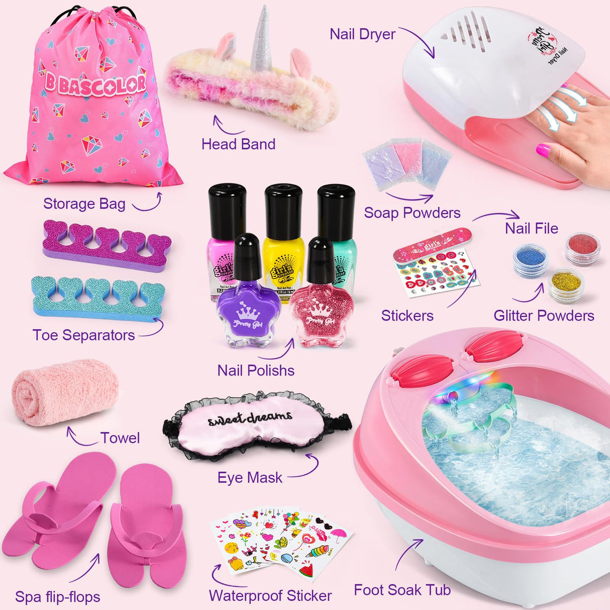 B Bascolor Kids Foot Spa & Nail Kit Set, Kids Spa Day Kit for Girls, Massage Foot Soak Tub and Nail Dryer, Manicure Pedicure Art Salon Girl Gift for 5-12, Christmas Birthday Gifts B Bascolor