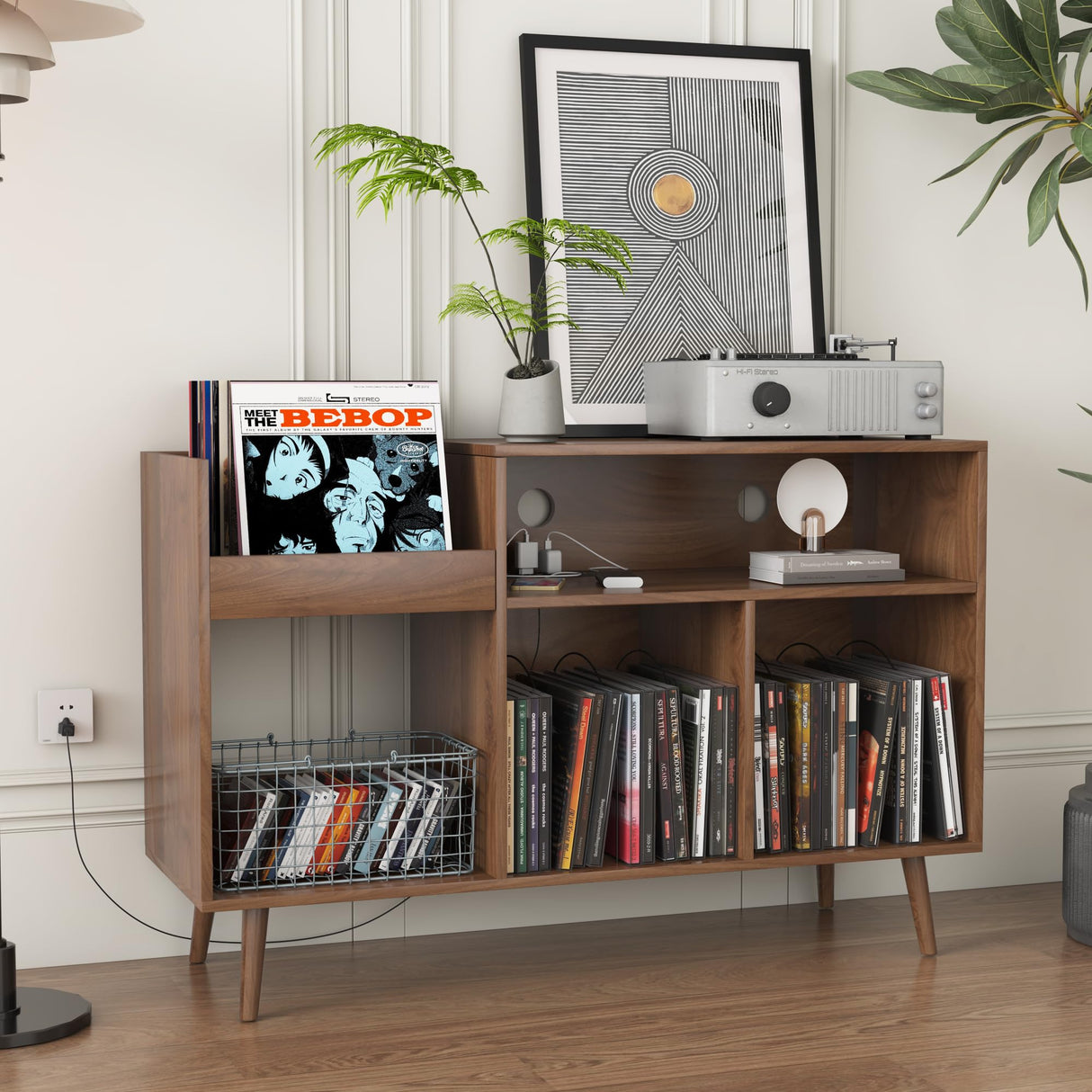 Record Player Stand with Charging Station & USB Ports, Mid Century Modern Turntable Stand Table Holds up to 350 Albums, Vinyl Record Storage Cabinet Turntable Stand with Record Storage IQCNGVX