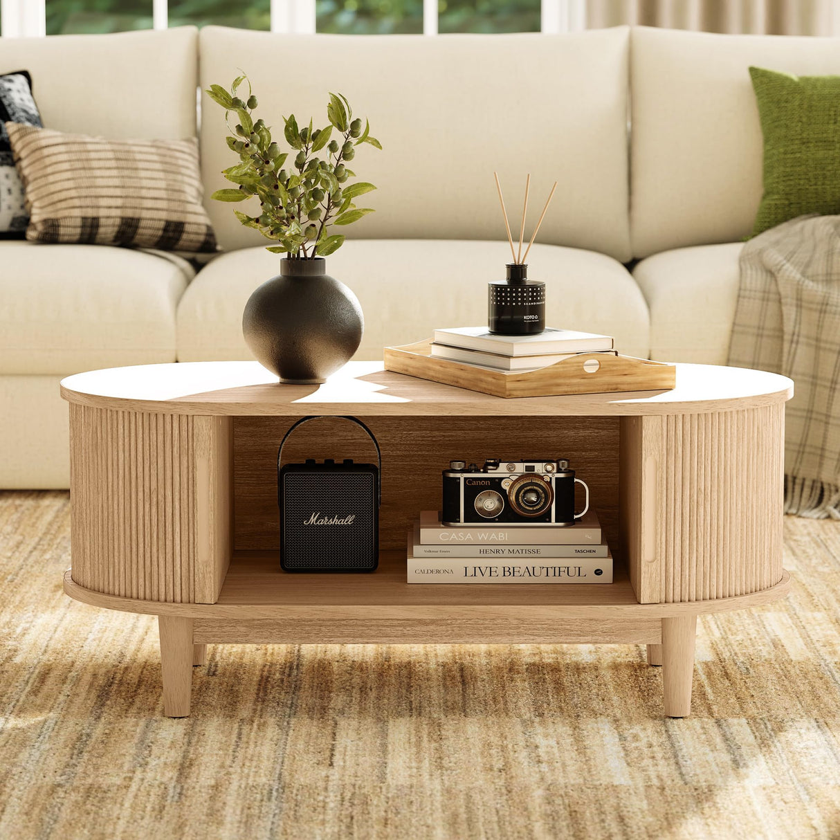 LINSY HOME Oval Coffee Table, Wood Coffee Table with Storage, Fluted Accent Center Table with Sliding Tambour Door, 39" Boho Coffee Tables for Living Room, Bedroom, Apartment, Oak