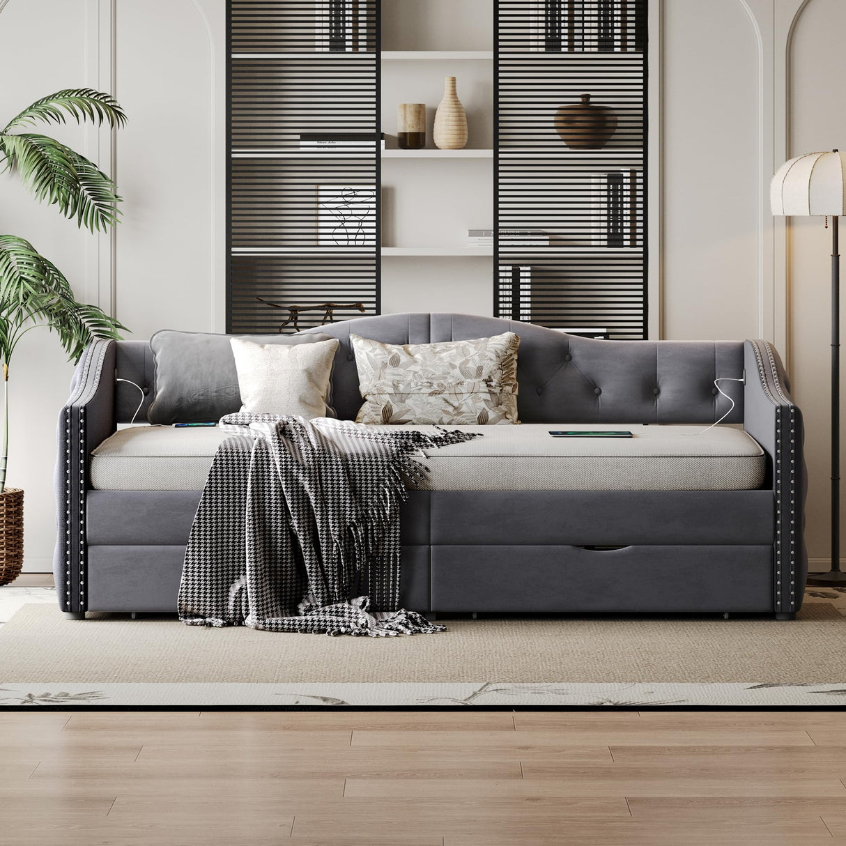 Daybed with Storage Drawers, Twin Size Velvet Upholstered Sofa Bedframe w/USB Port, Button Tufted Backrest and Nailhead Design Daybeds for Bedroom, No Box Spring Needed (Dark Grey, Twin w/Drawers) HMYFGD