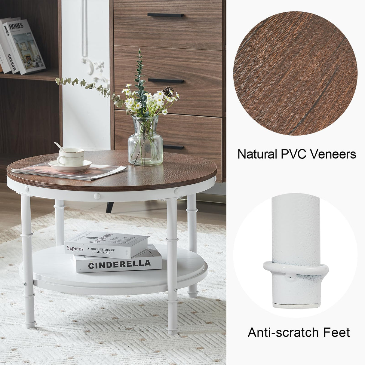 VINGLI 25.6" Rustic Oak White Round Farmhouse Coffee Table, 2-Tier Storage Wood Center Circle Accent Table for Living Room, Bedroom, Apartment, Studio and Small Spaces, Sturdy Metal Frame VINGLI