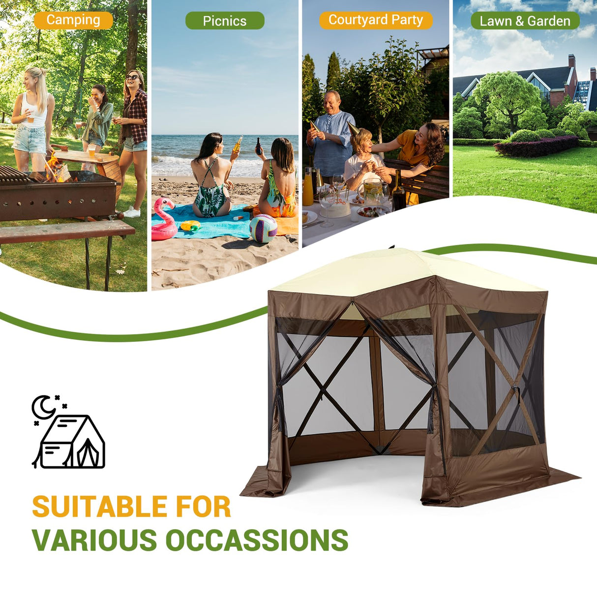 Hipicute Pop Up Gazebo,10 X 10 Ft Portable Outdoor Camping Pop Up Canopy Screen Tent with Mosquito Netting Gazebo,Waterproof 6 Sidewalls,Ground Stakes,Carry Bag for Lawn, Garden, Backyard(Brown) Hipicute