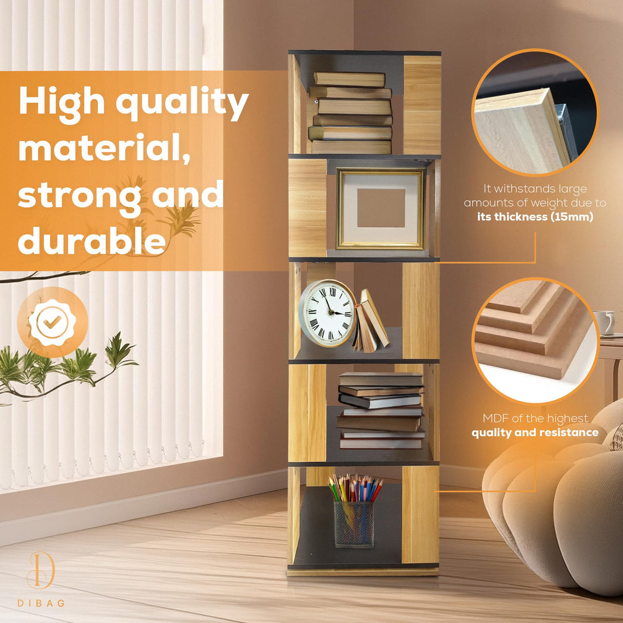 DIBAG Rotating Bookshelf - 15.75"x15.75"x63.19", Made of MDF, 360ΒΊ, Assembly Tools Included - Spinning Bookshelf Tower, Revolving Bookcase, Swivel Bookcase, Rotating Bookshelf Tower DIBAG