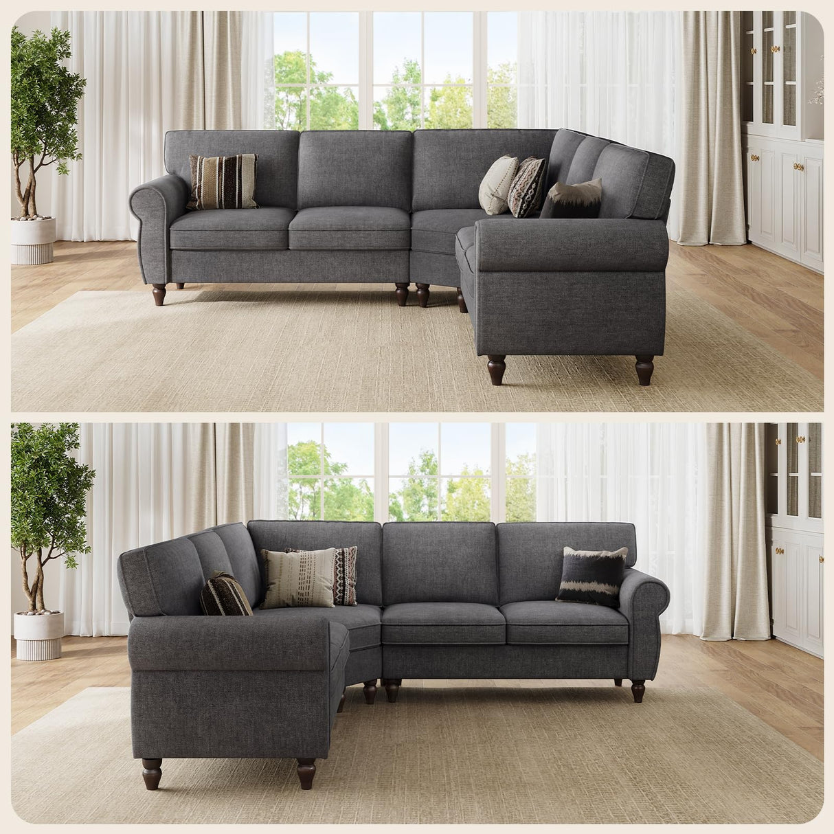 ONBRILL 101" L Shaped Couch, Sectional Corner Sofa with Rolled Arms, 5 Seater Chenille Fabric Couch w/Springs Seat Cushion, Wooden Legs, Comfy Oversized Sofa for Living Room, Apartment, Grey ONBRILL